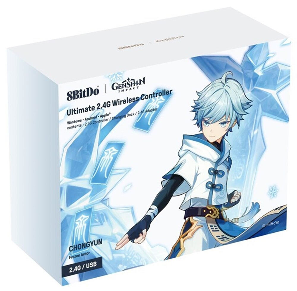 Grafika na pudełku przedstawiająca postać w stylu mangi w białym płaszczu, kontroler i wzór płatka śniegu. Logo 'Genshin Impact'.