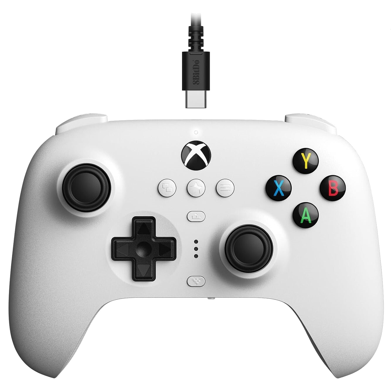 Biały kontroler Xbox z czarnym kablem. Kontroler ma różne kolorowe przyciski i joysticki.