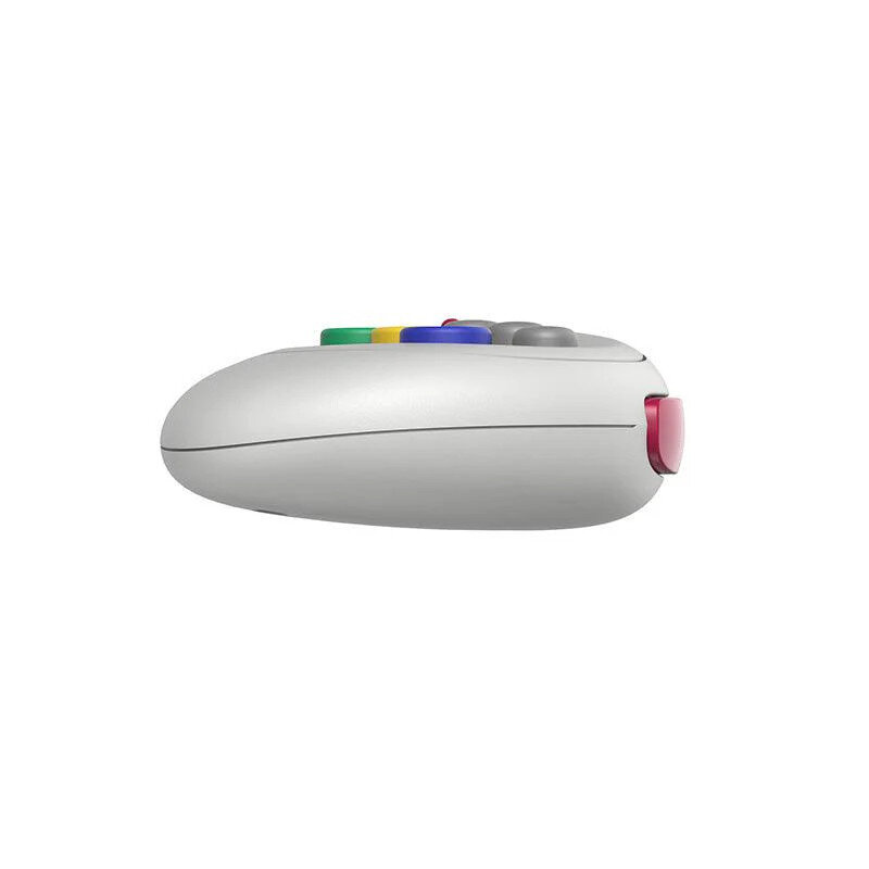 Widok z boku białego kontrolera 8Bitdo M30 z przyciskami i czerwonym przyciskiem bocznym.