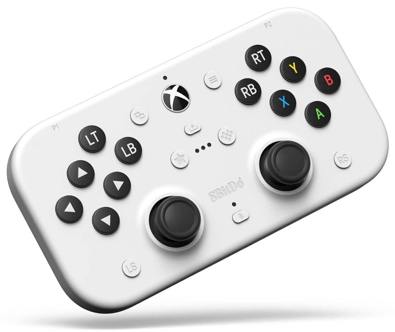 Biały kontroler na stole. Przyciski obejmują LT, LB, RT, RB, A, B, X, Y i przyciski kierunkowe.