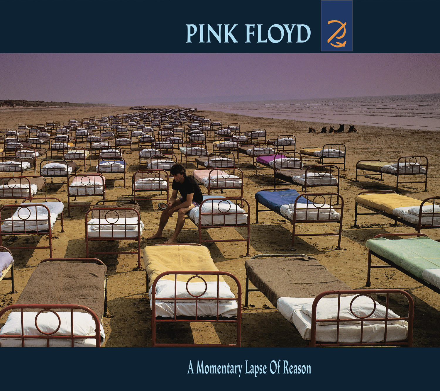 Albumcover. Betten am Strand. Pink Floyd Titel und Logo. Titel: A Momentary Lapse of Reason.