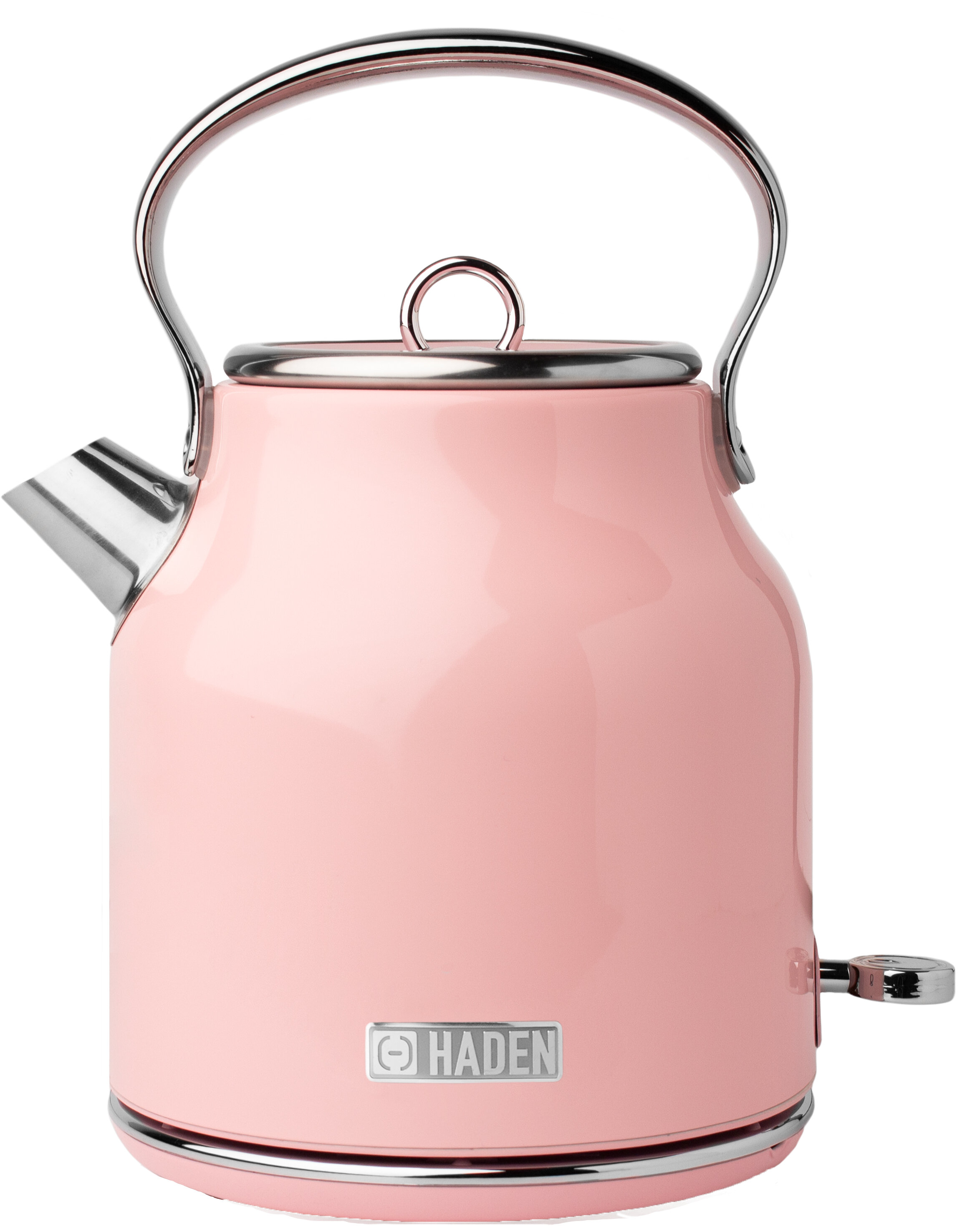 Różowy czajnik z uchwytem, wylewką i podstawą na białej powierzchni.