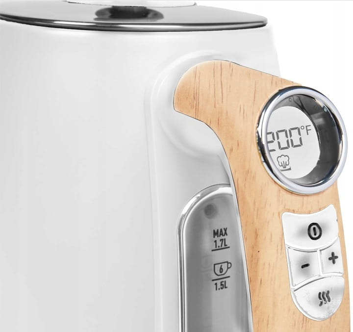 Biały czajnik elektryczny z panelem imitującym drewno. Wyświetlacz cyfrowy pokazuje 200°F. Sterowanie: włącz/wyłącz, temperatura i poziom wody.