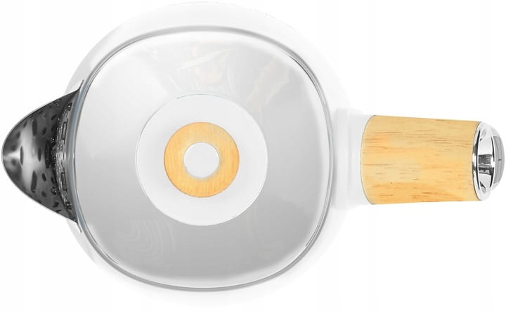 Widok z góry na biały i szklany czajnik z drewnianym uchwytem i metalowym dziobkiem.