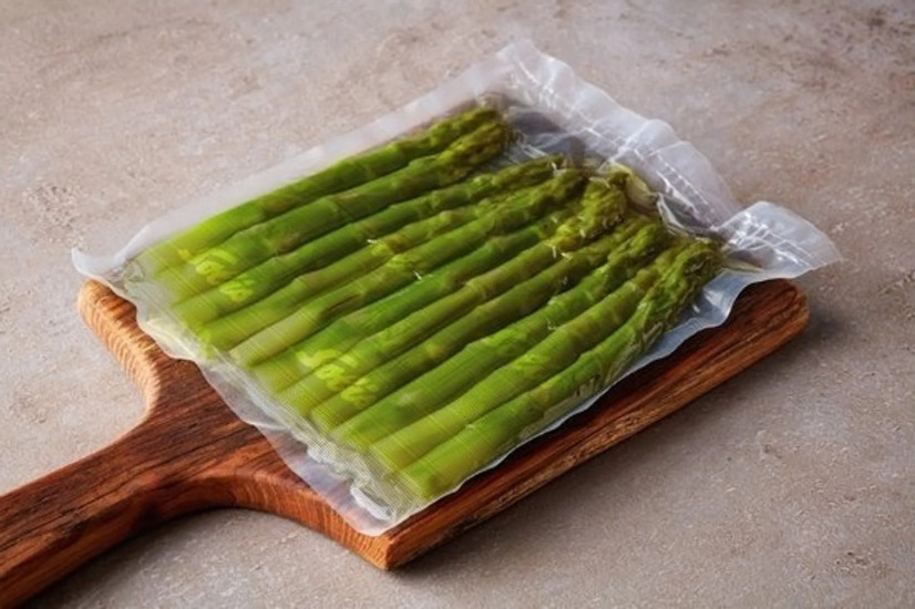 Pakowane próżniowo szparagi na drewnianej desce. Zielone pędy szparagów widoczne w przezroczystym plastiku.