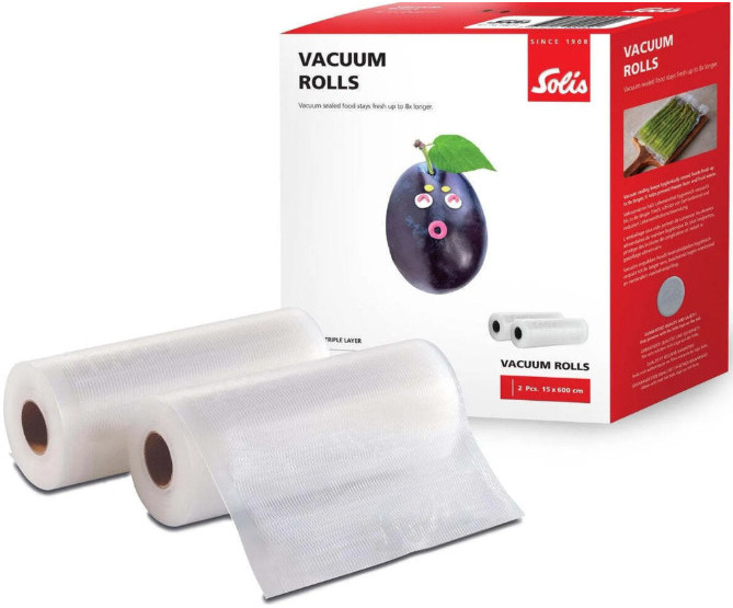 Rolki do pakowania próżniowego, pudełko i śliwka. Żywność pakowana próżniowo pozostaje świeża do 8 razy dłużej.