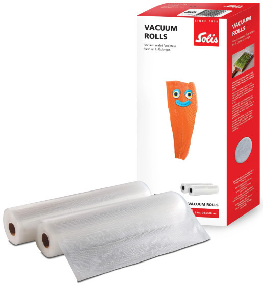 Opakowanie rolek próżniowych z rolkami i pudełkiem. Pudełko ma rysunek ryby z twarzą.