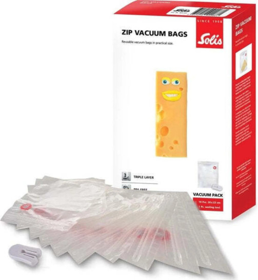 Worki próżniowe z zamkiem błyskawicznym ze zdjęciem sera. Pokazano worki i narzędzie do zgrzewania.