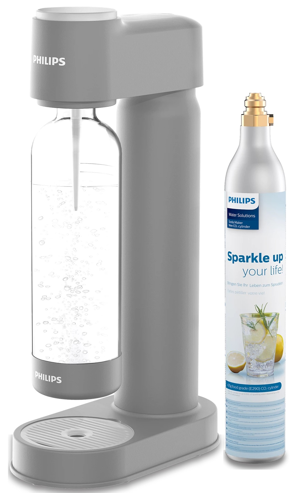 Szary system wody Philips z cylindrem CO2. Przezroczysta butelka po lewej. Białe tło.