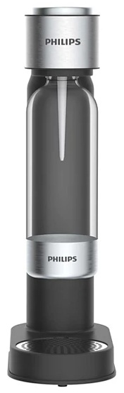 Czarny i srebrny saturator Philips. Butelka na miejscu. Białe tło.