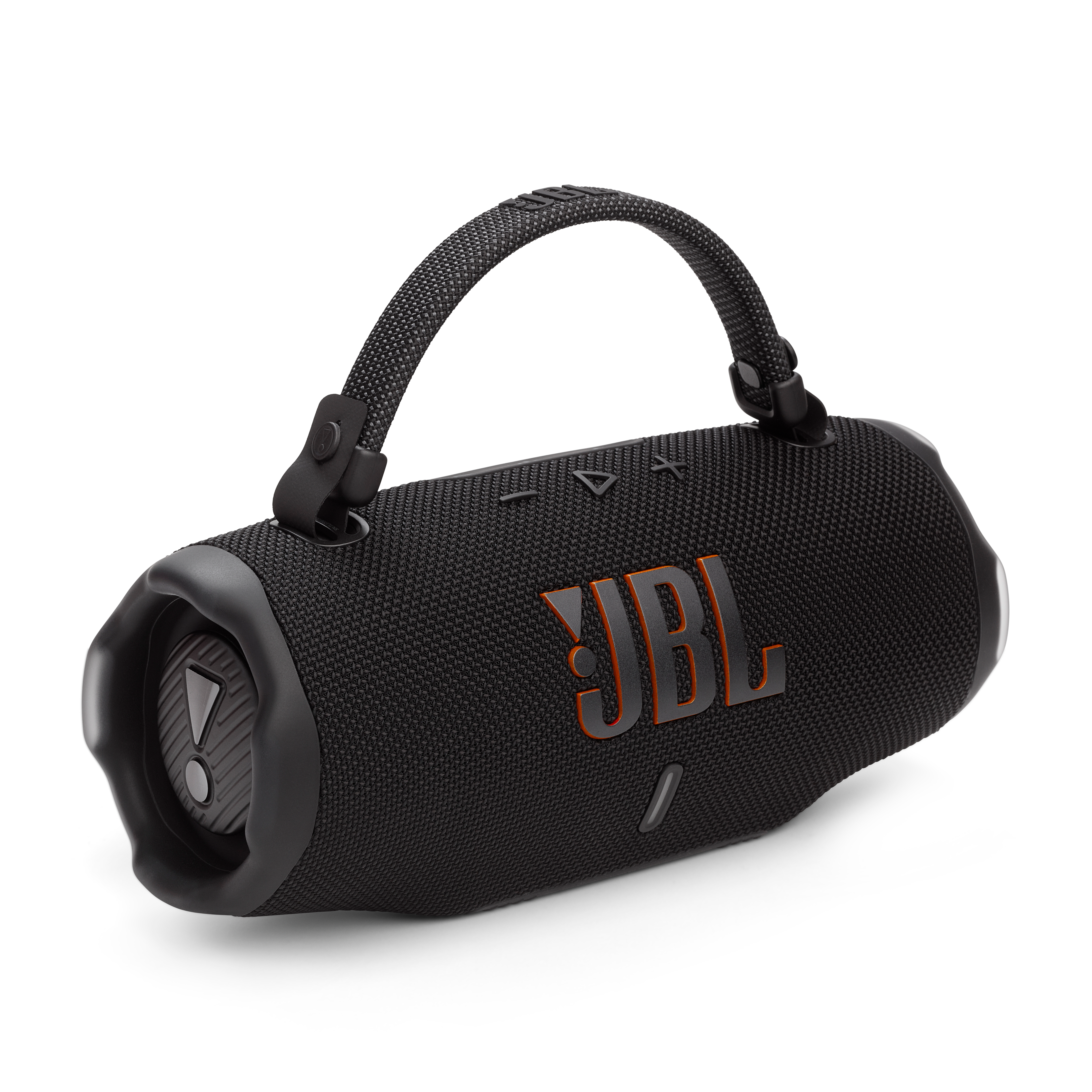 Schwarzer JBL Charge 6-Lautsprecher mit Griff auf weißem Hintergrund. JBL-Logo in Orange.