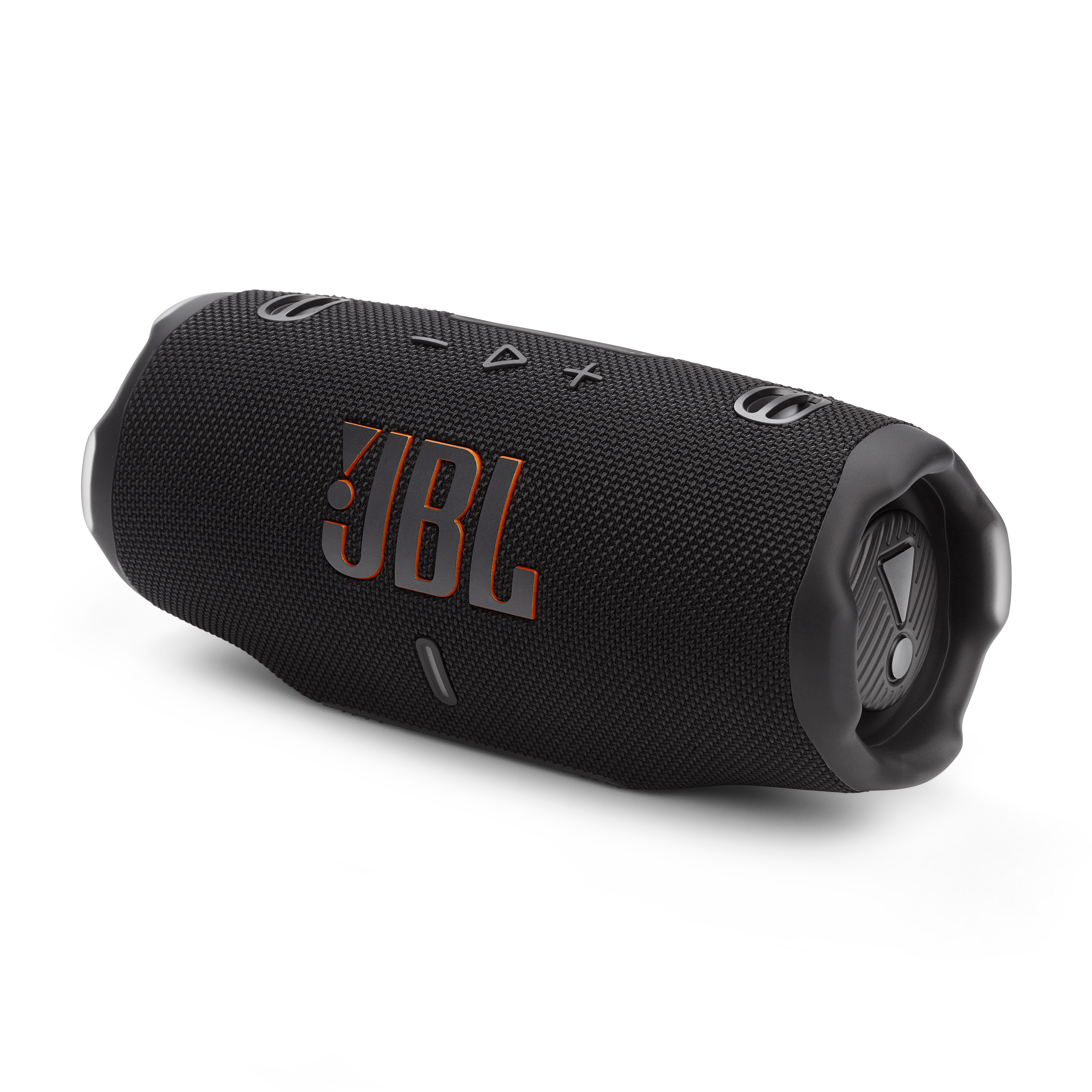 Schwarzer JBL Charge 6-Lautsprecher auf weißem Hintergrund, Seitenansicht. Mit Tasten und Logo.
