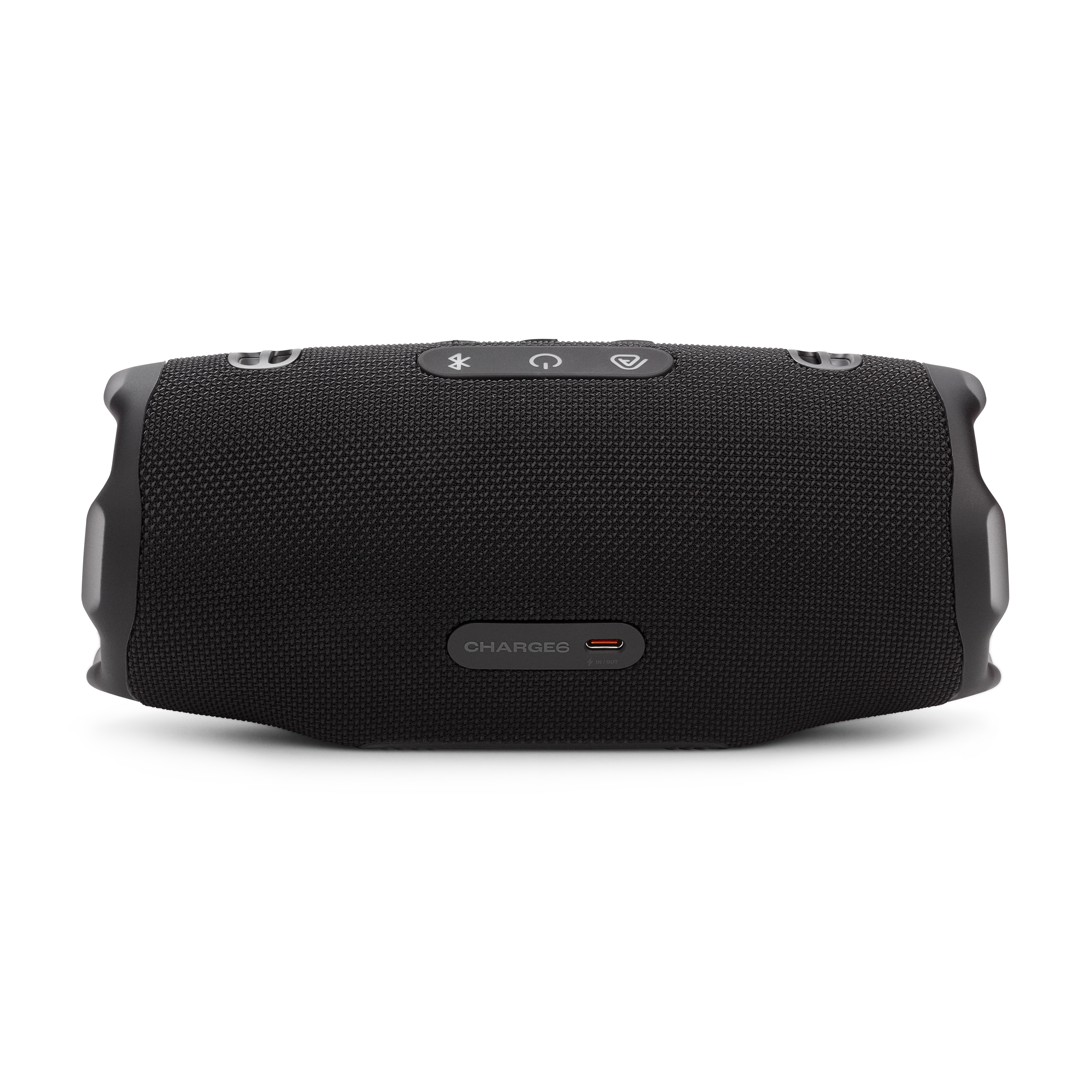 Schwarzer JBL Charge 6-Lautsprecher, Rückansicht, mit Ladeanschluss und Bedientasten.