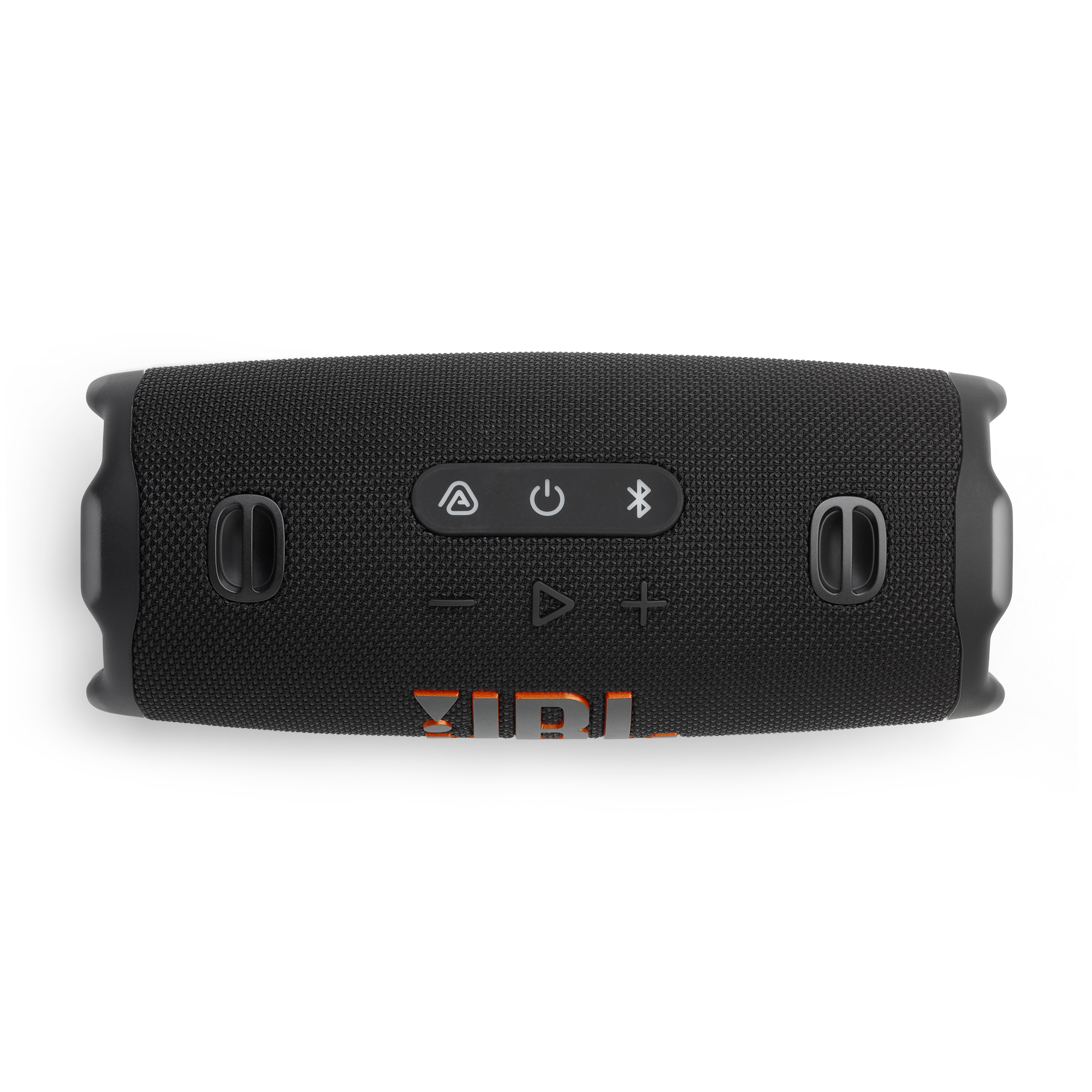 Schwarzer JBL Charge 6-Lautsprecher, Draufsicht. Bedientasten, mit JBL-Logo in Orange.