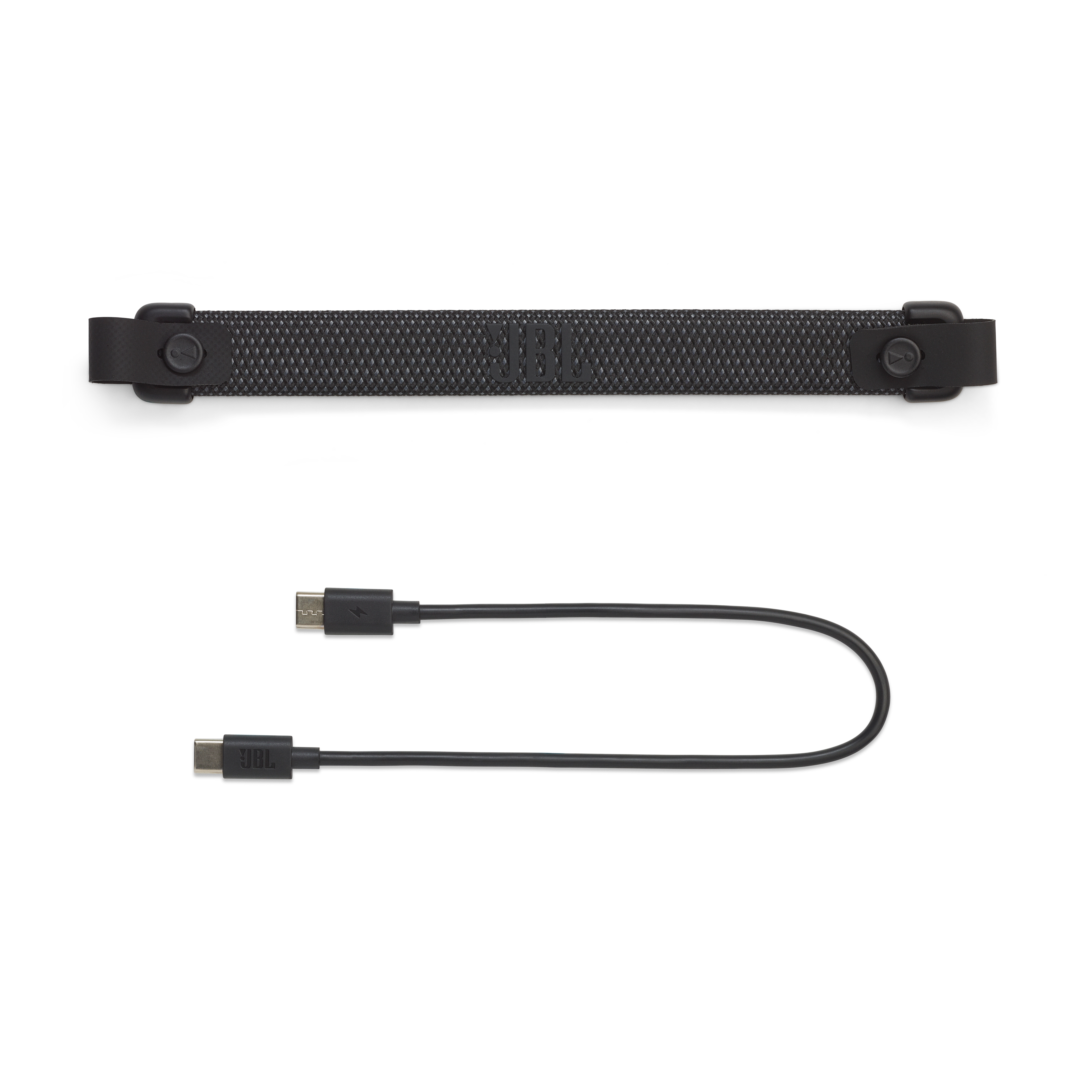 JBL Charge 6-Lautsprecherriemen und Ladekabel. Schwarzer Riemen und Kabel, weißer Hintergrund.