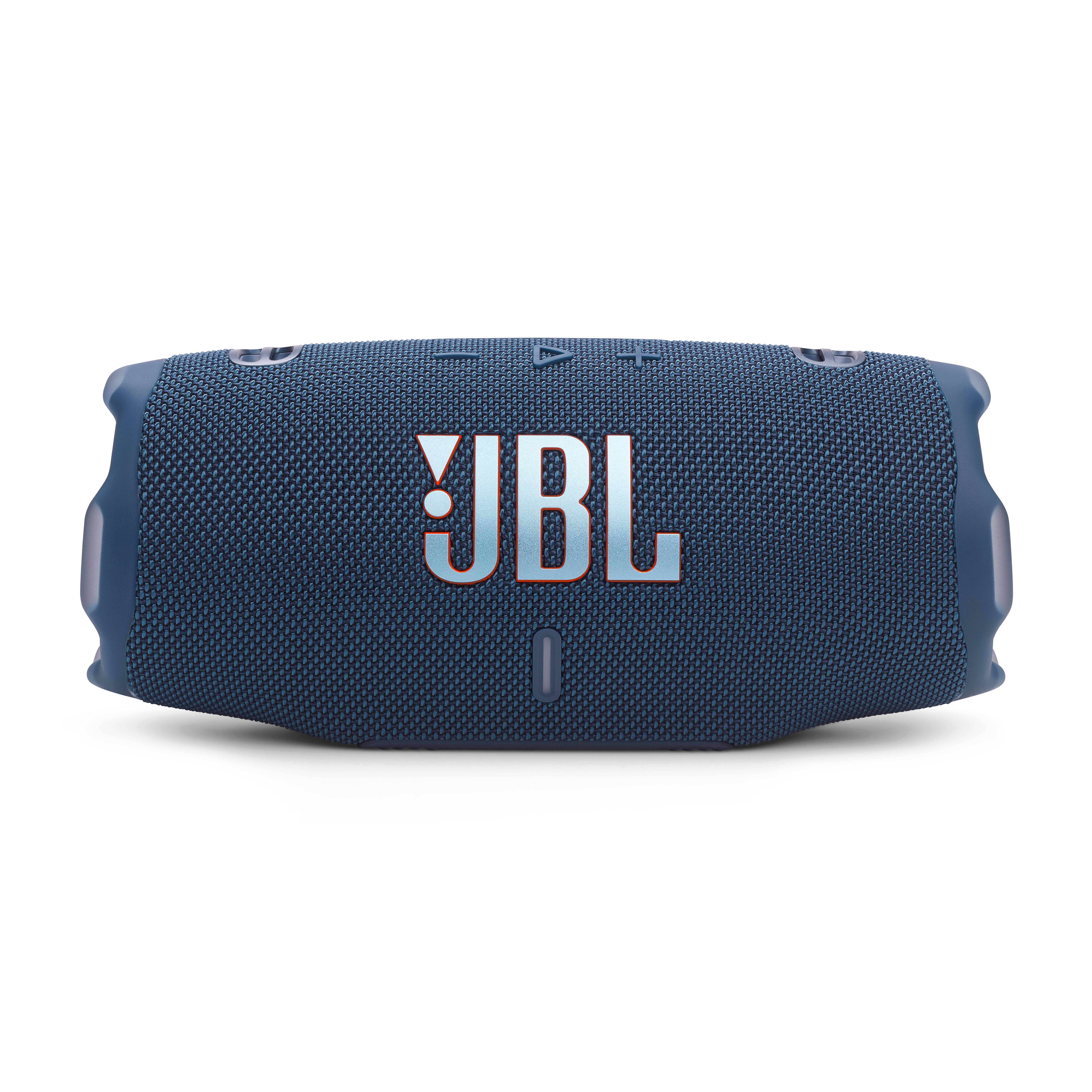 Altoparlante JBL blu. Sfondo bianco. L'altoparlante è in posizione orizzontale, mostrando il logo JBL.