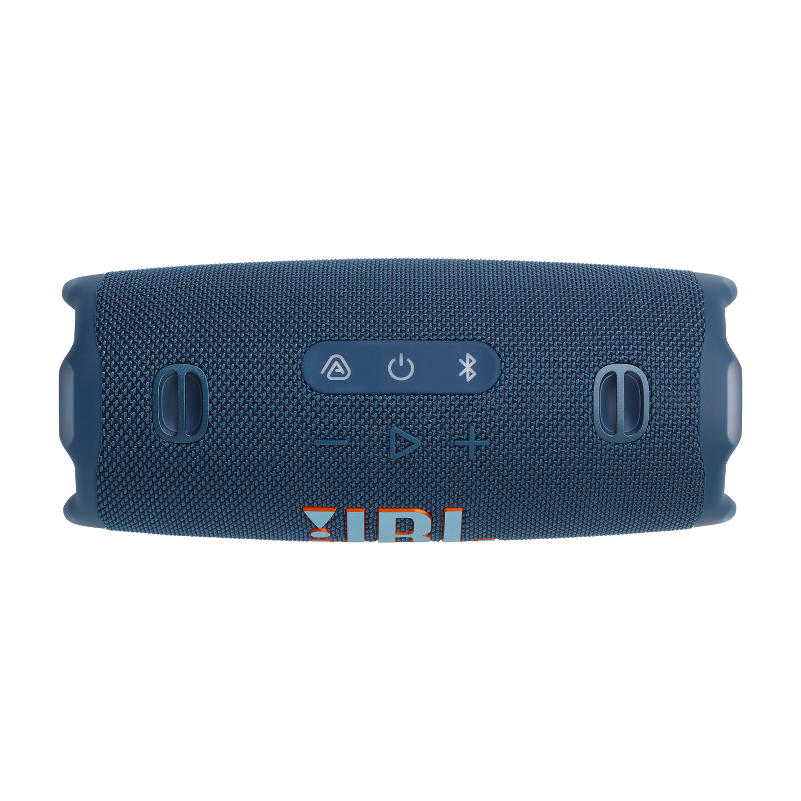 Vista frontale dell'altoparlante JBL blu su bianco. Pulsanti neri e logo JBL arancione.