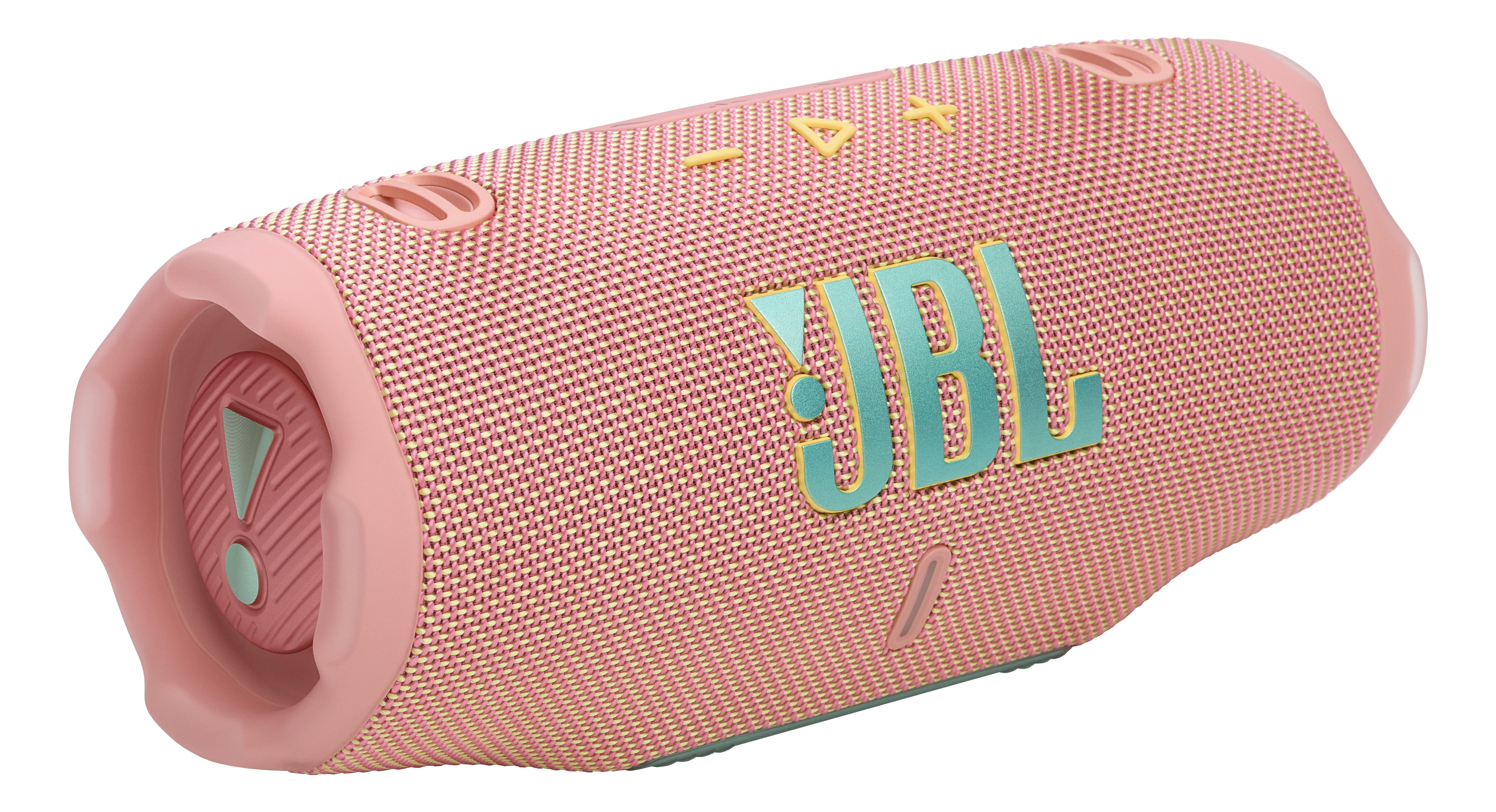Rosa JBL-Lautsprecher auf weißem Hintergrund. Der Lautsprecher ist rosa und türkis.