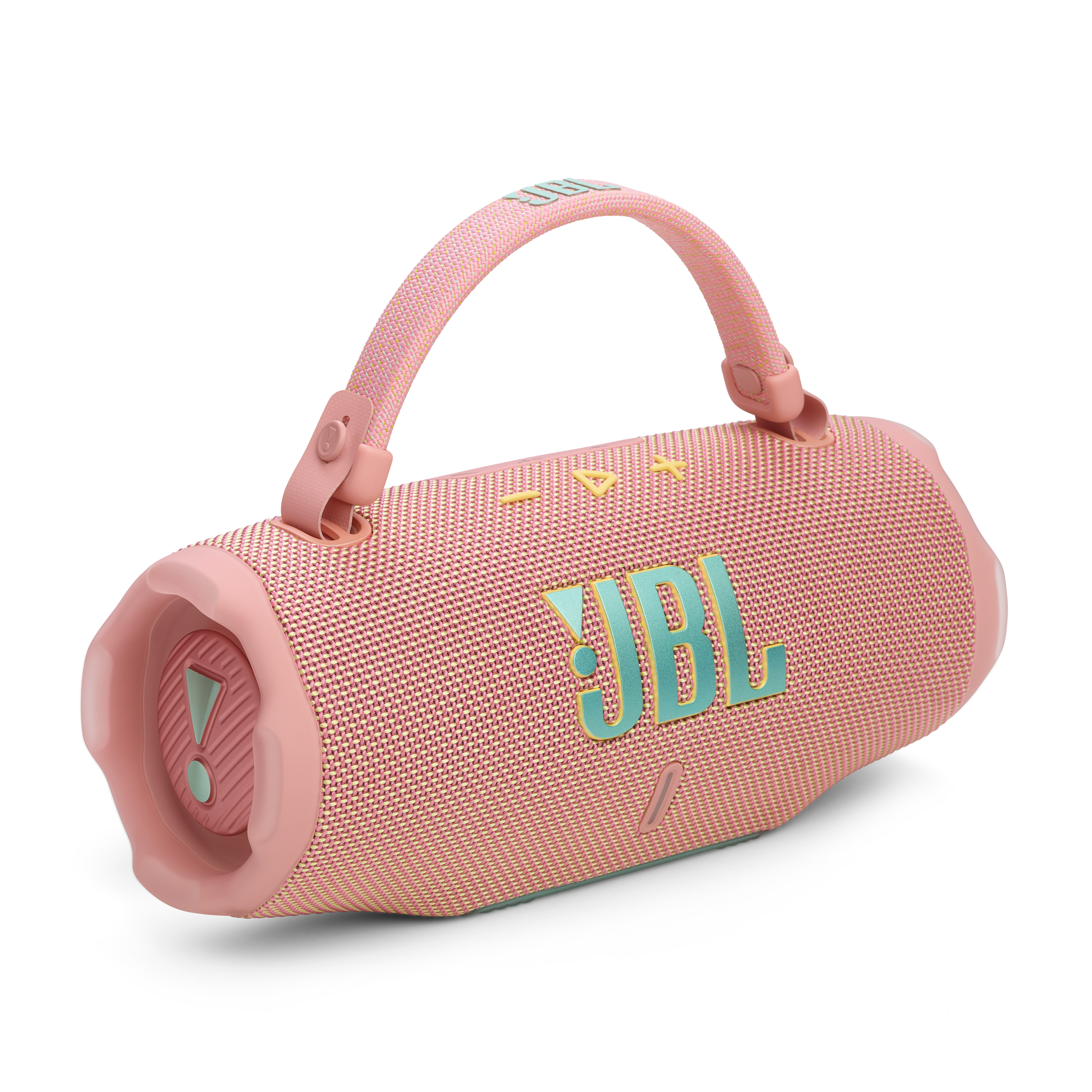 Rosa JBL-Lautsprecher mit Griff. Der Lautsprecher ist rosa und türkis, weißer HG.