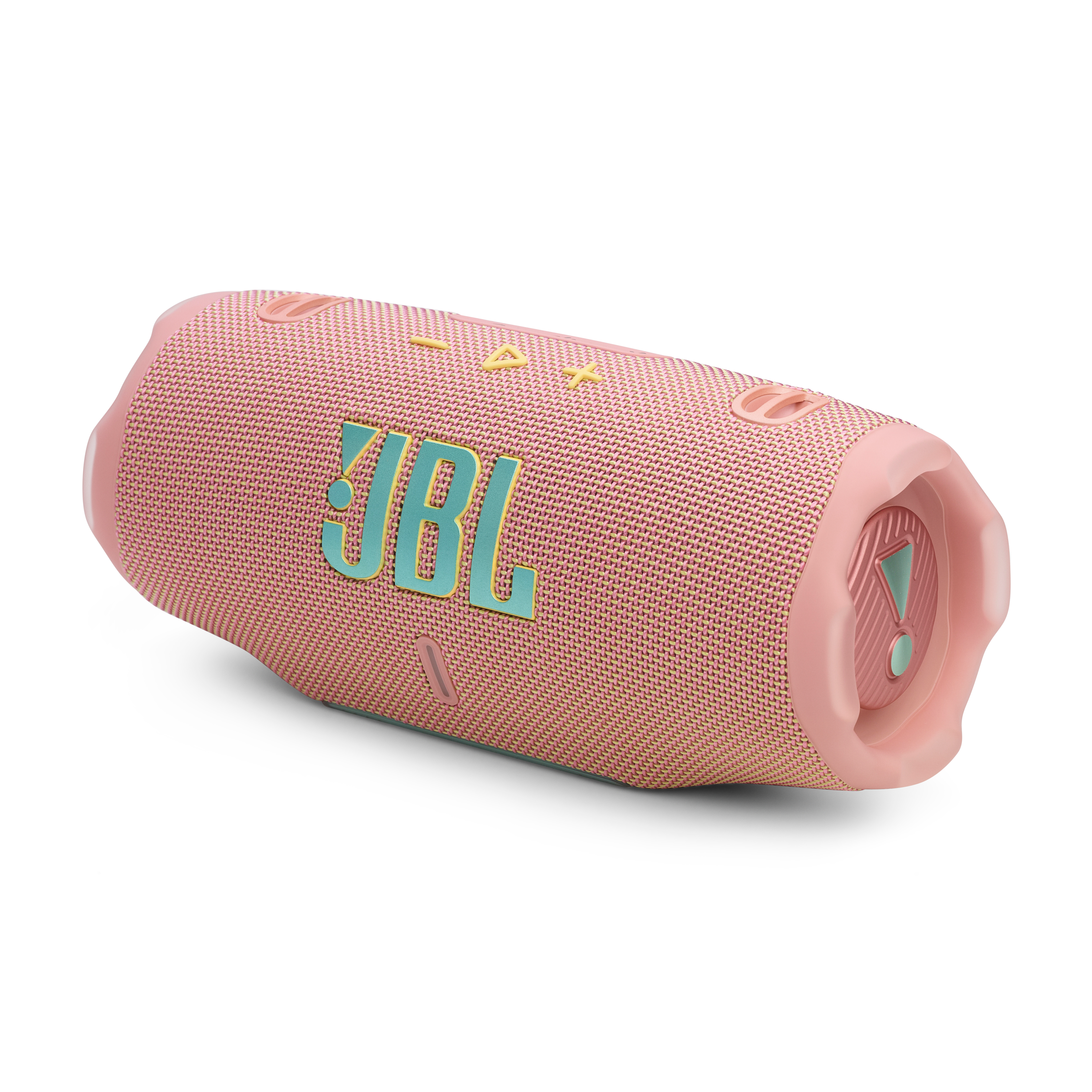 Rosa JBL-Lautsprecher auf weißem Hintergrund, nach rechts abgewinkelt. JBL-Logo in Teal.