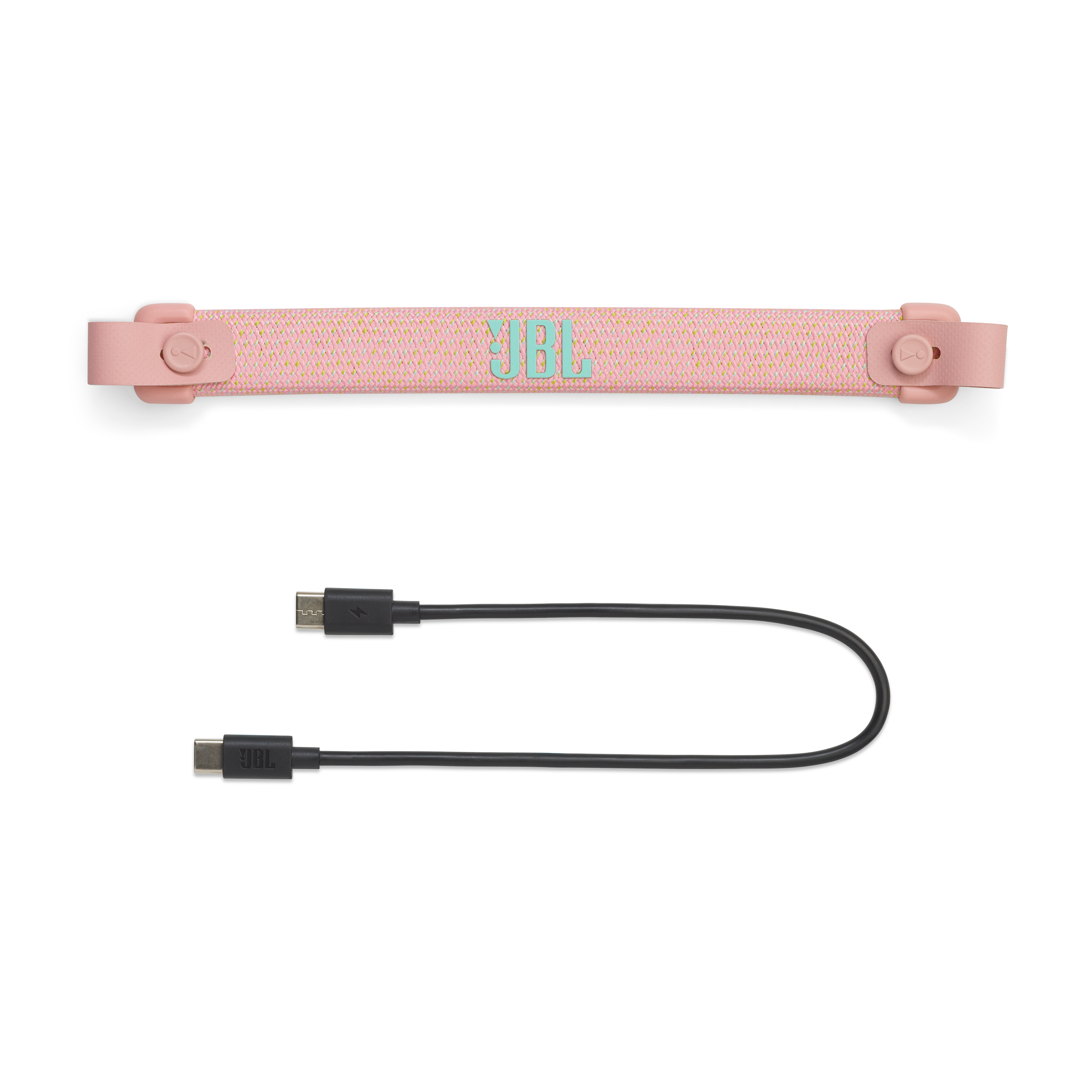 Rosa JBL-Lautsprecherriemen und Ladekabel auf weißem Hintergrund. Schwarzes Kabel.
