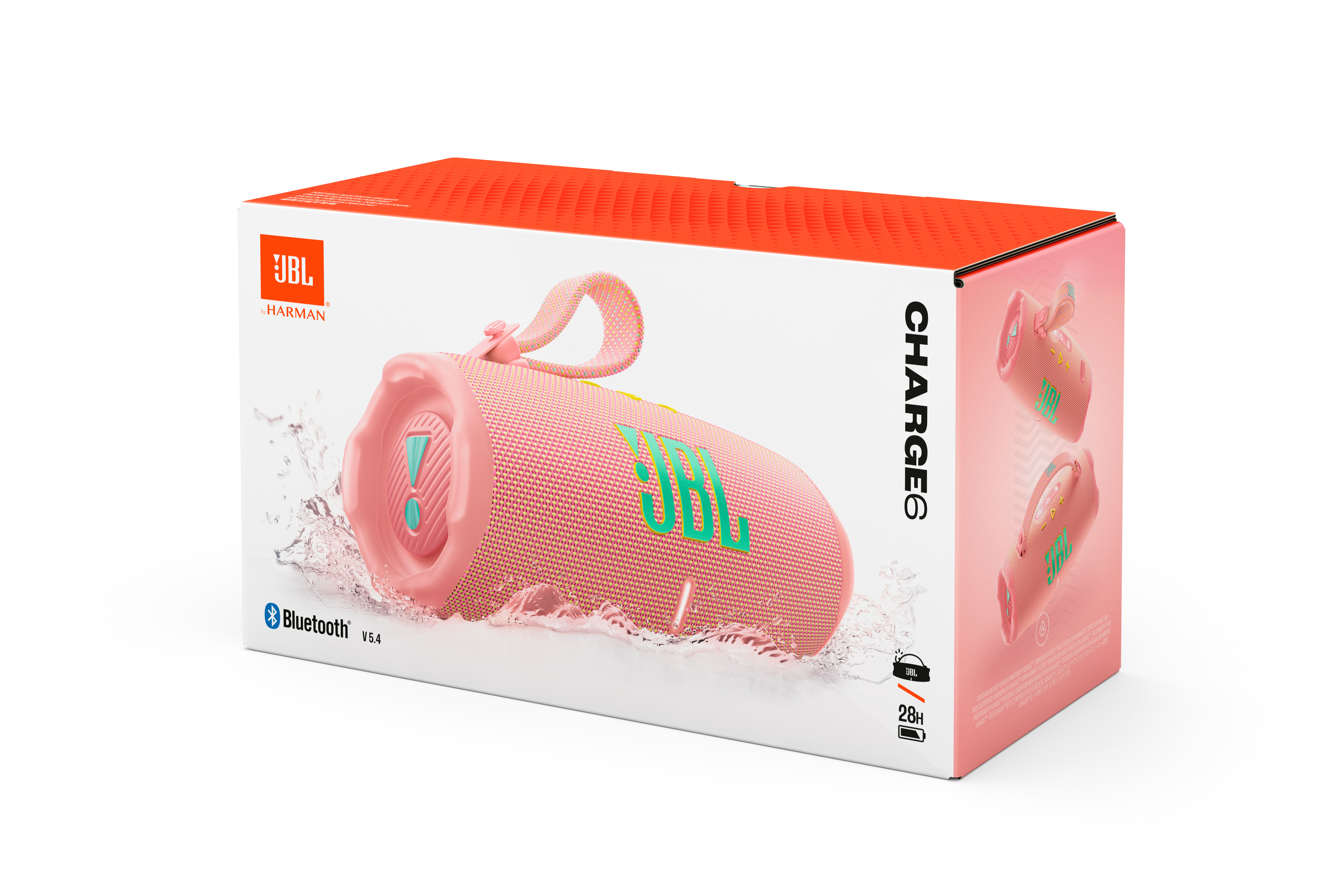 JBL Charge 6 Lautsprecher in einer Box. Rosa Lautsprecher, weiße Box, orange Hintergrund.