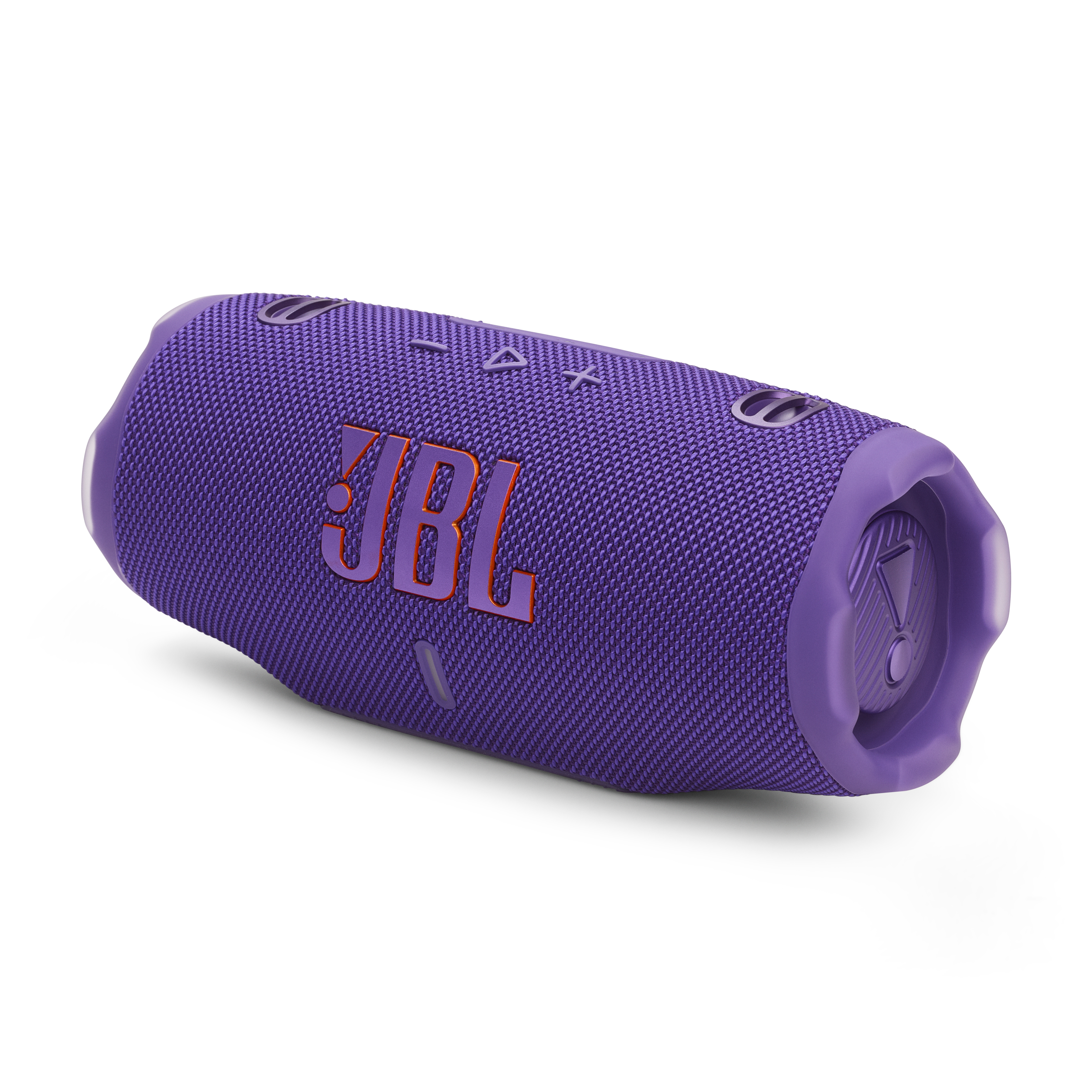 Haut-parleur JBL violet avec logo JBL orange, vue en angle. Le haut-parleur est sur fond blanc.