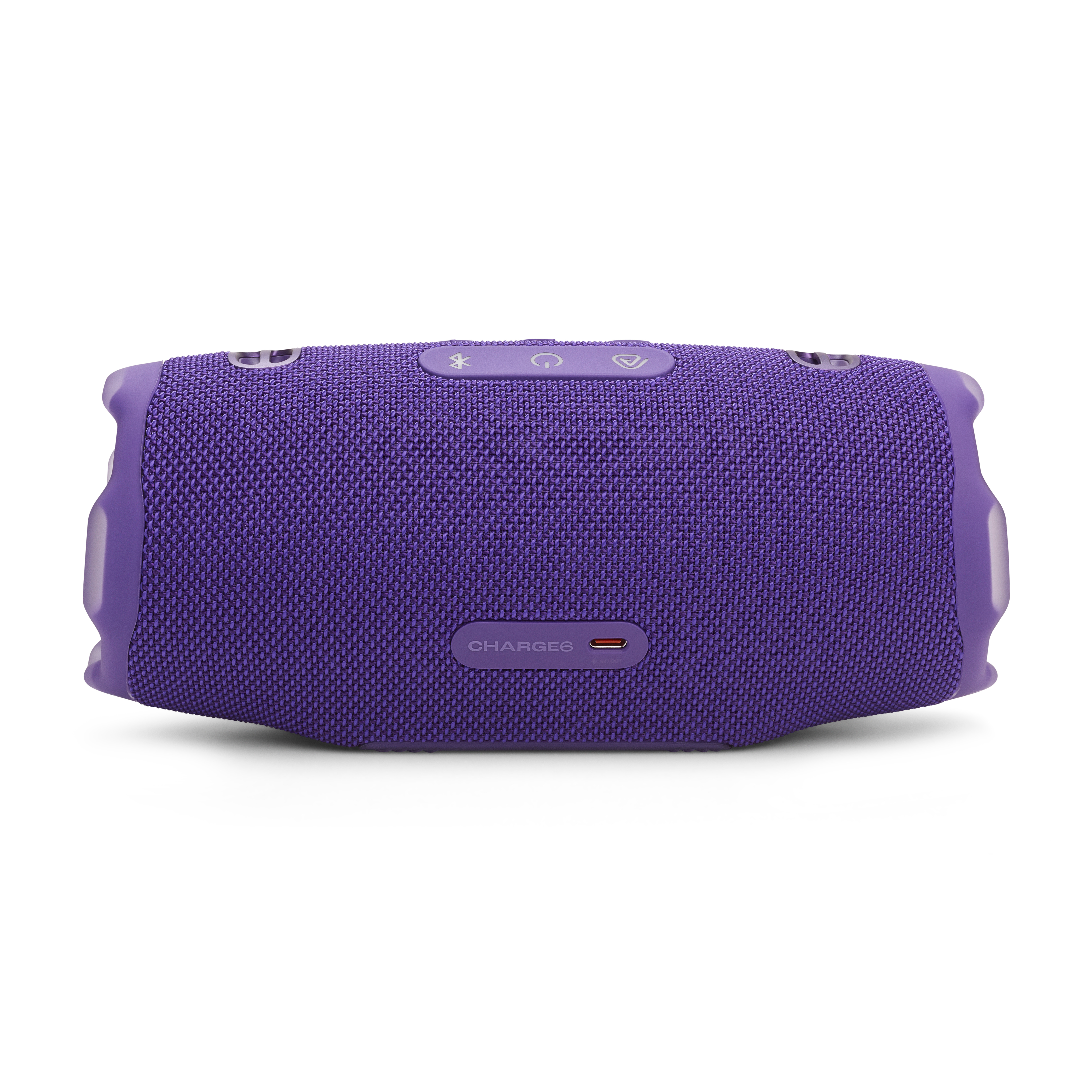 Haut-parleur JBL violet, vue arrière. Les caractéristiques incluent le port de charge et les boutons de commande. Fond blanc.
