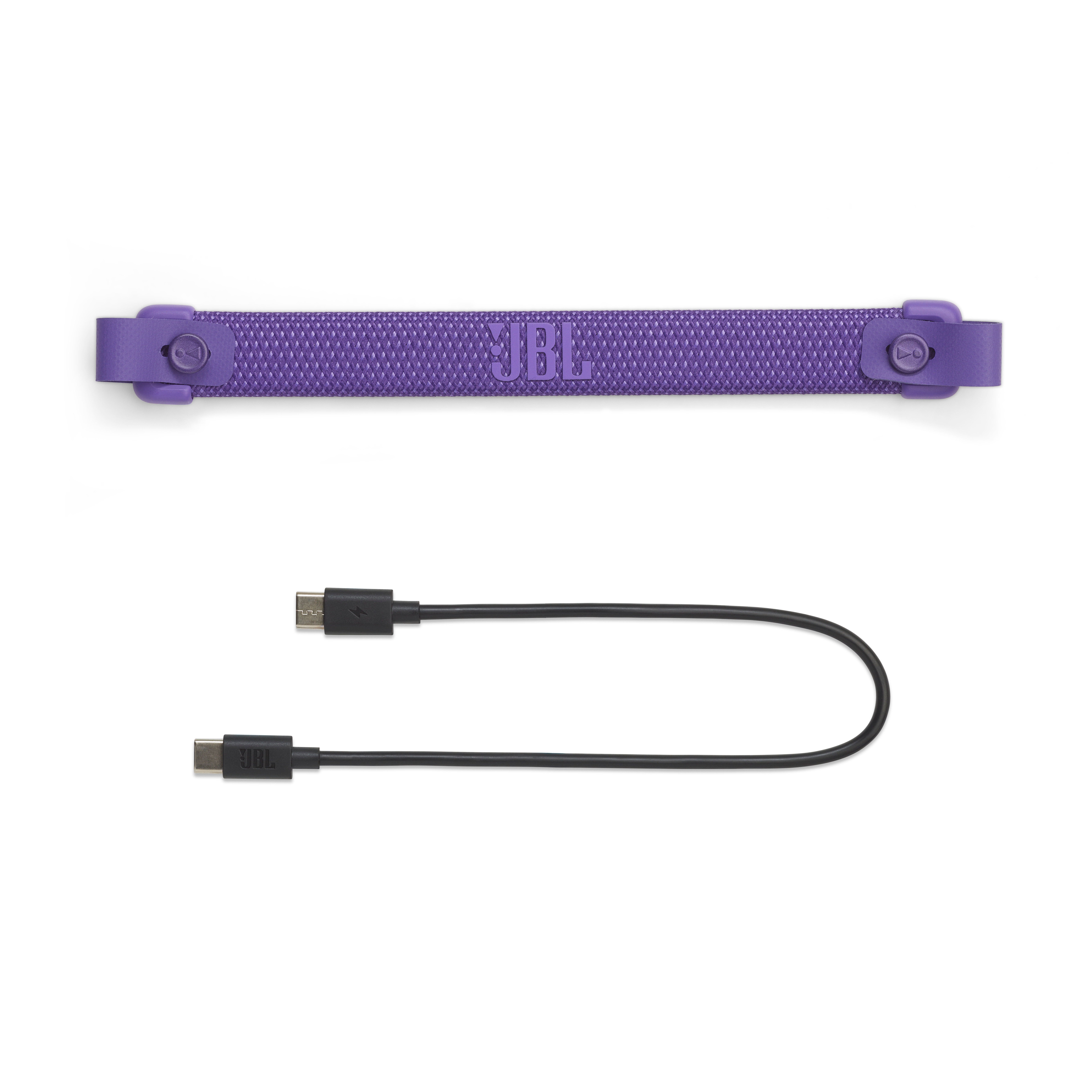 Sangle violette et câble de charge avec deux connecteurs USB-C. Fond blanc.