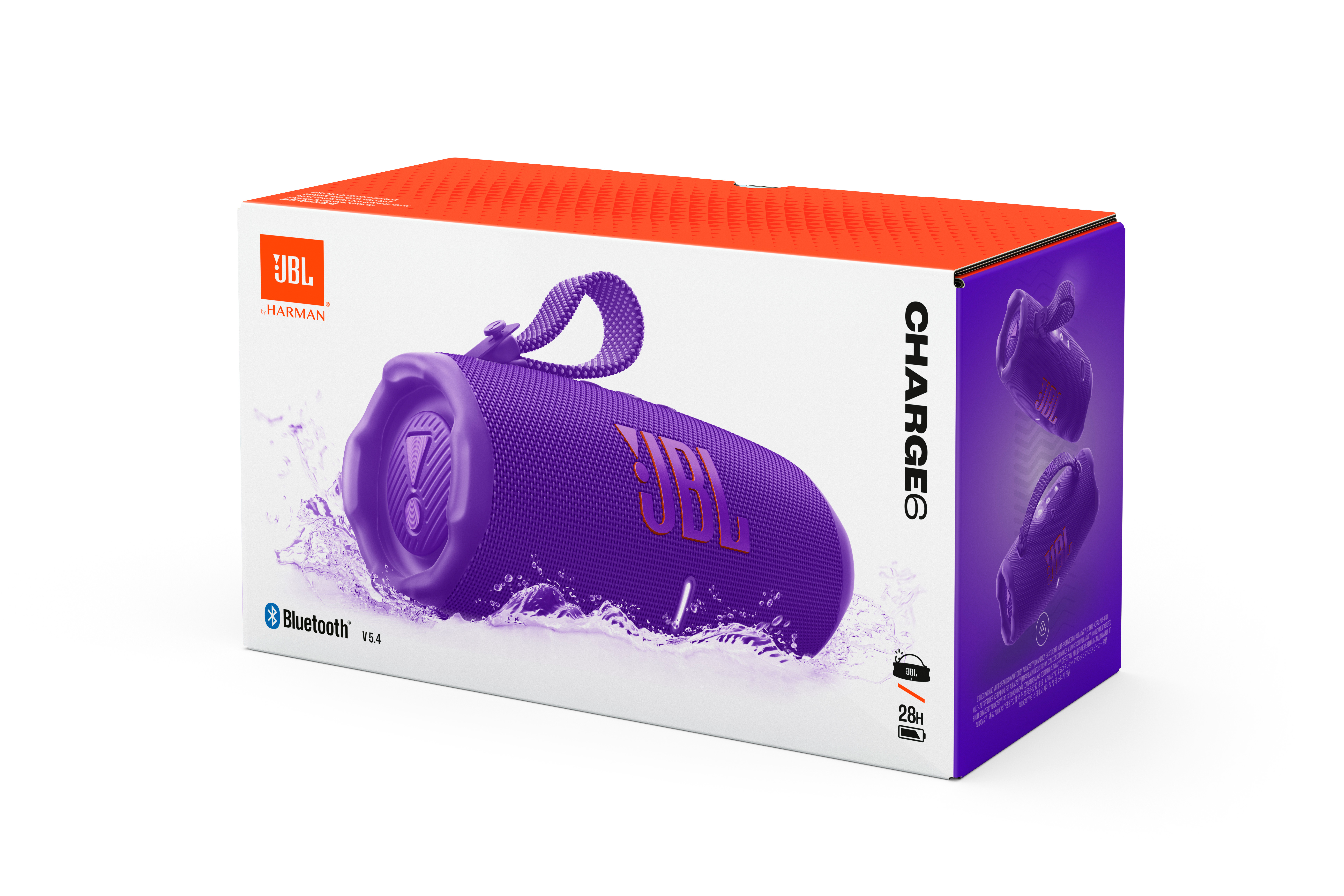 Boîte JBL Charge 6. L'image et les fonctionnalités du haut-parleur sont affichées sur la boîte. Fond blanc.