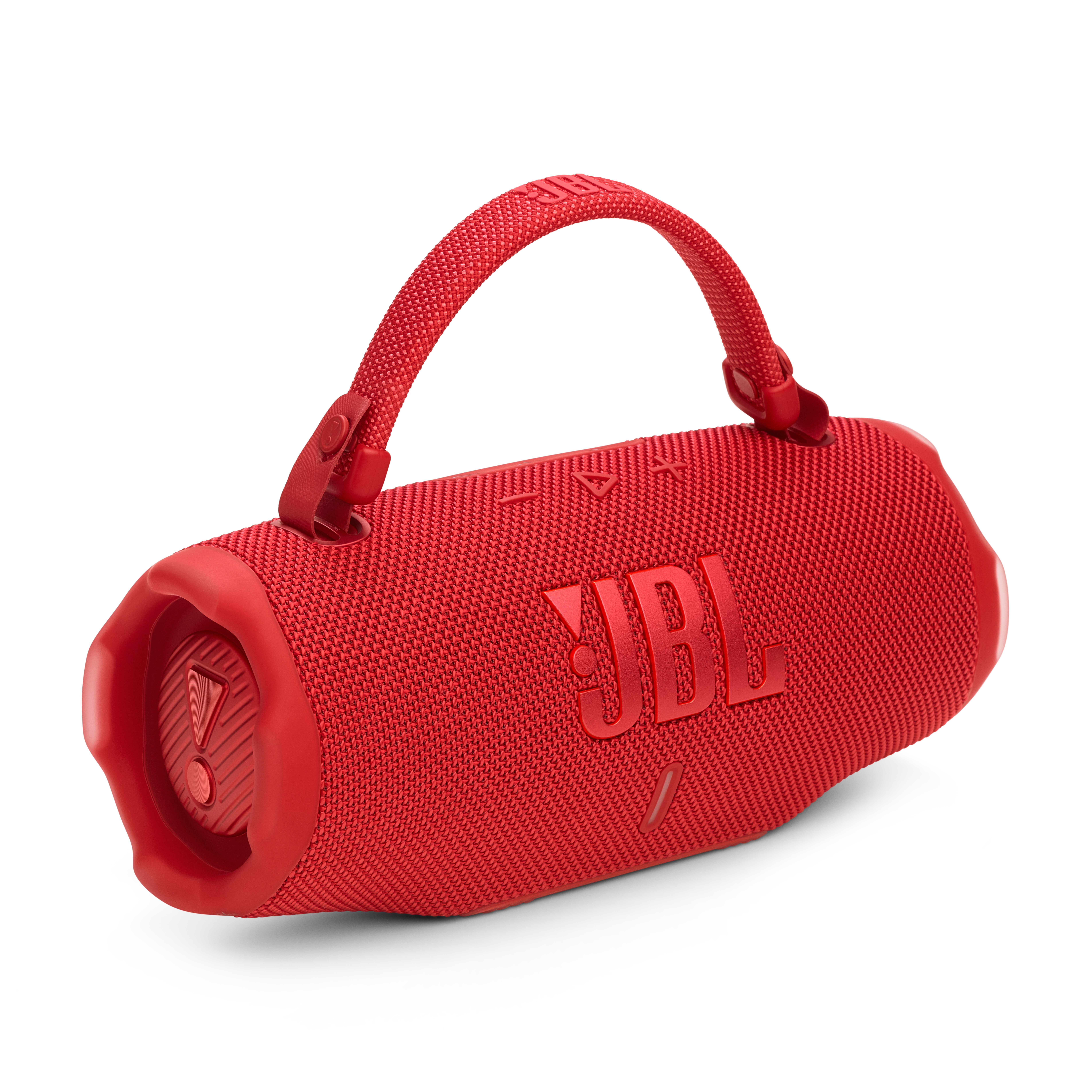 Haut-parleur JBL rouge avec logo JBL rouge. Le haut-parleur est sur fond blanc.