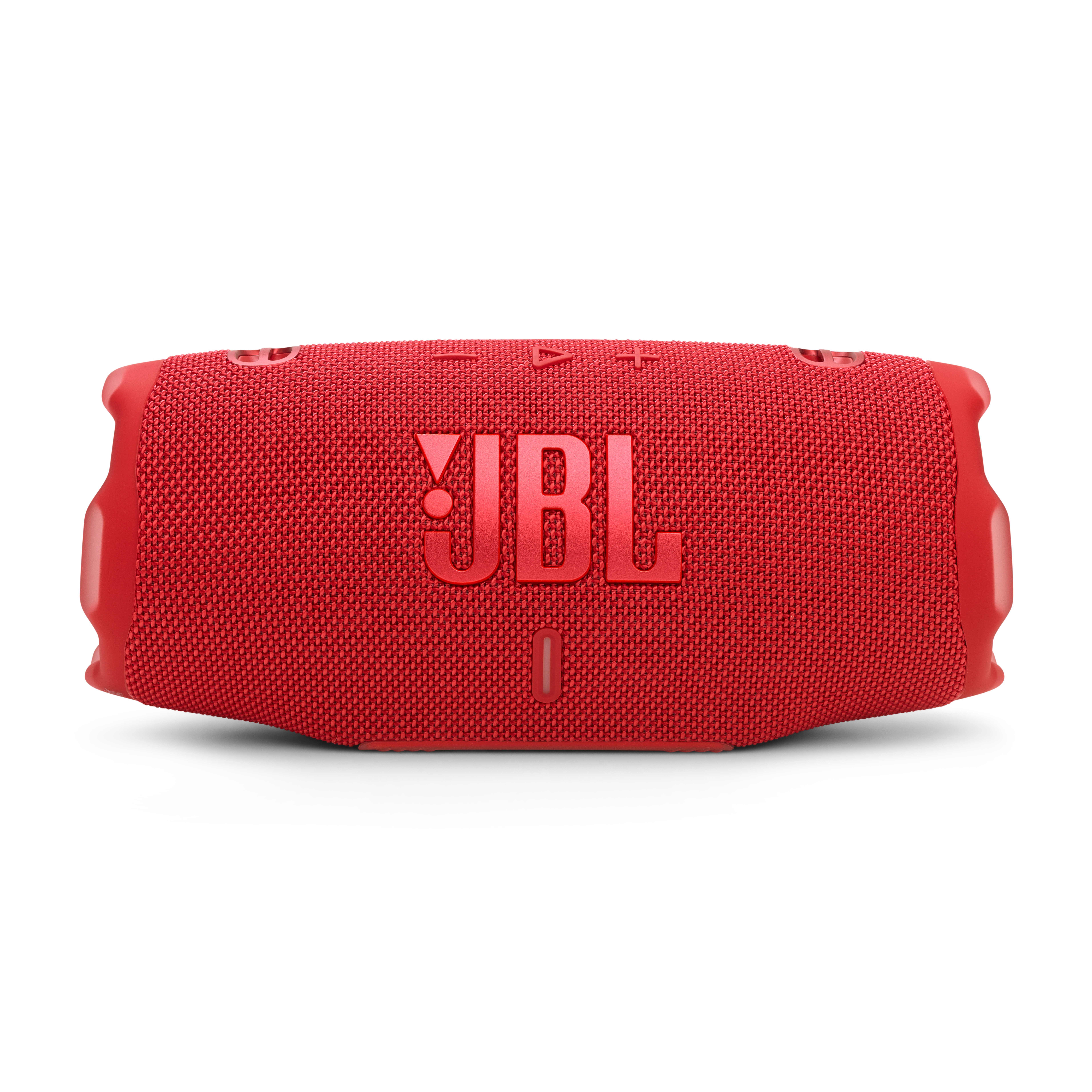Haut-parleur JBL rouge, vue de face. Le haut-parleur est sur fond blanc.