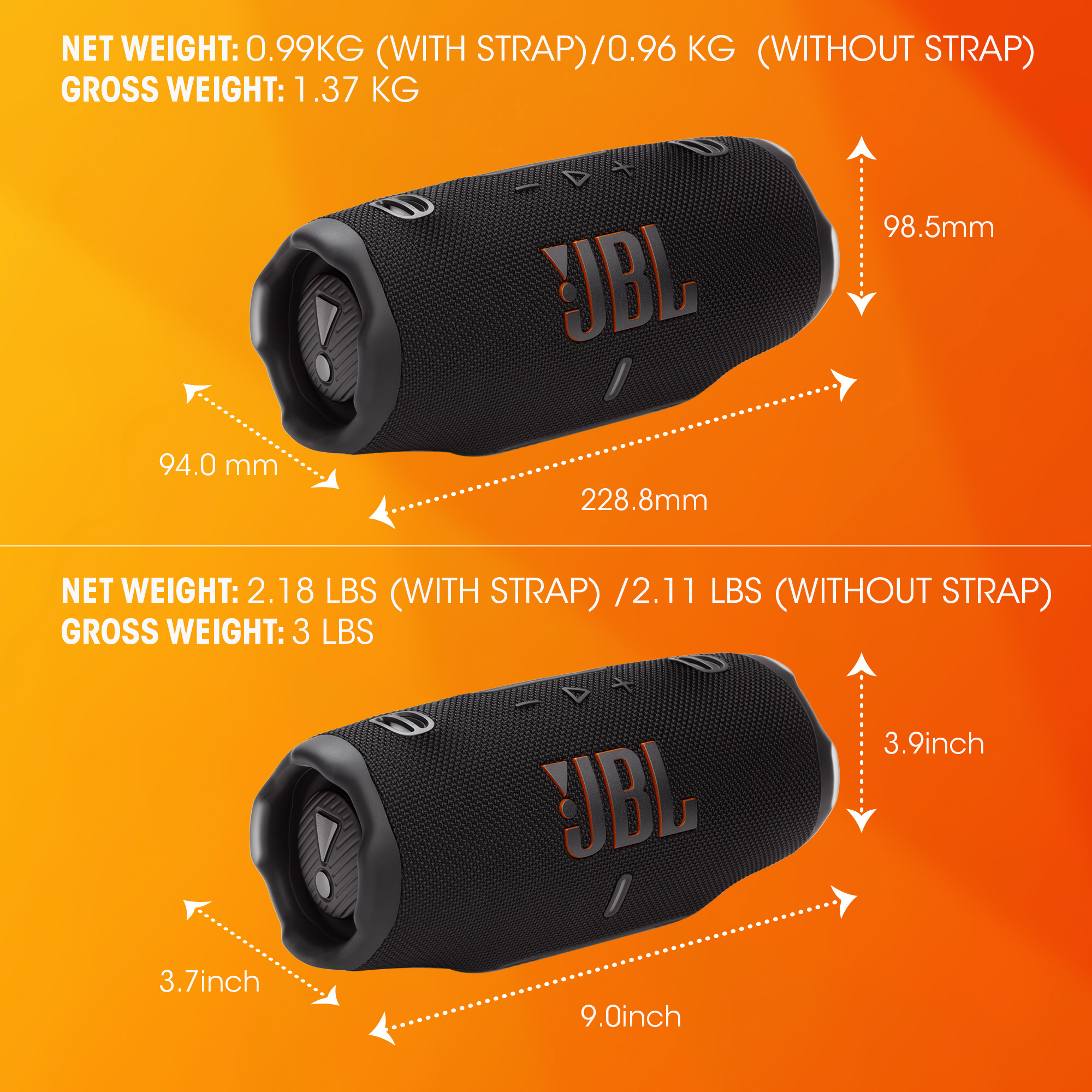 Haut-parleur JBL noir avec dimensions en mm et pouces sur fond orange.