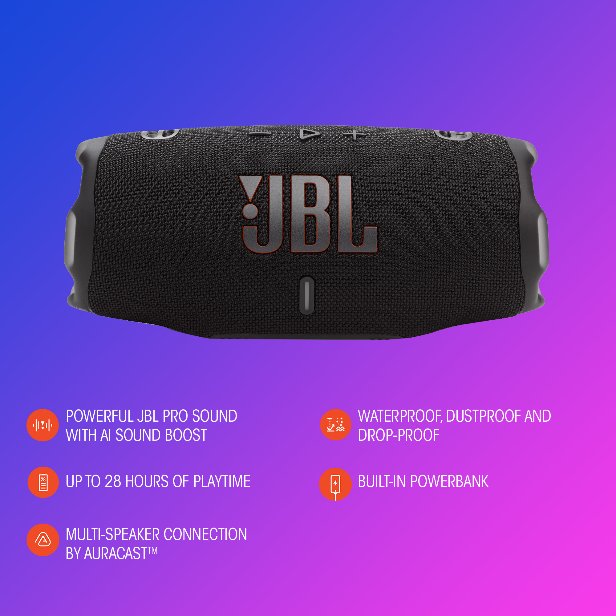 Haut-parleur JBL noir avec fonctionnalités : son, AI boost, temps de lecture et Auracast.