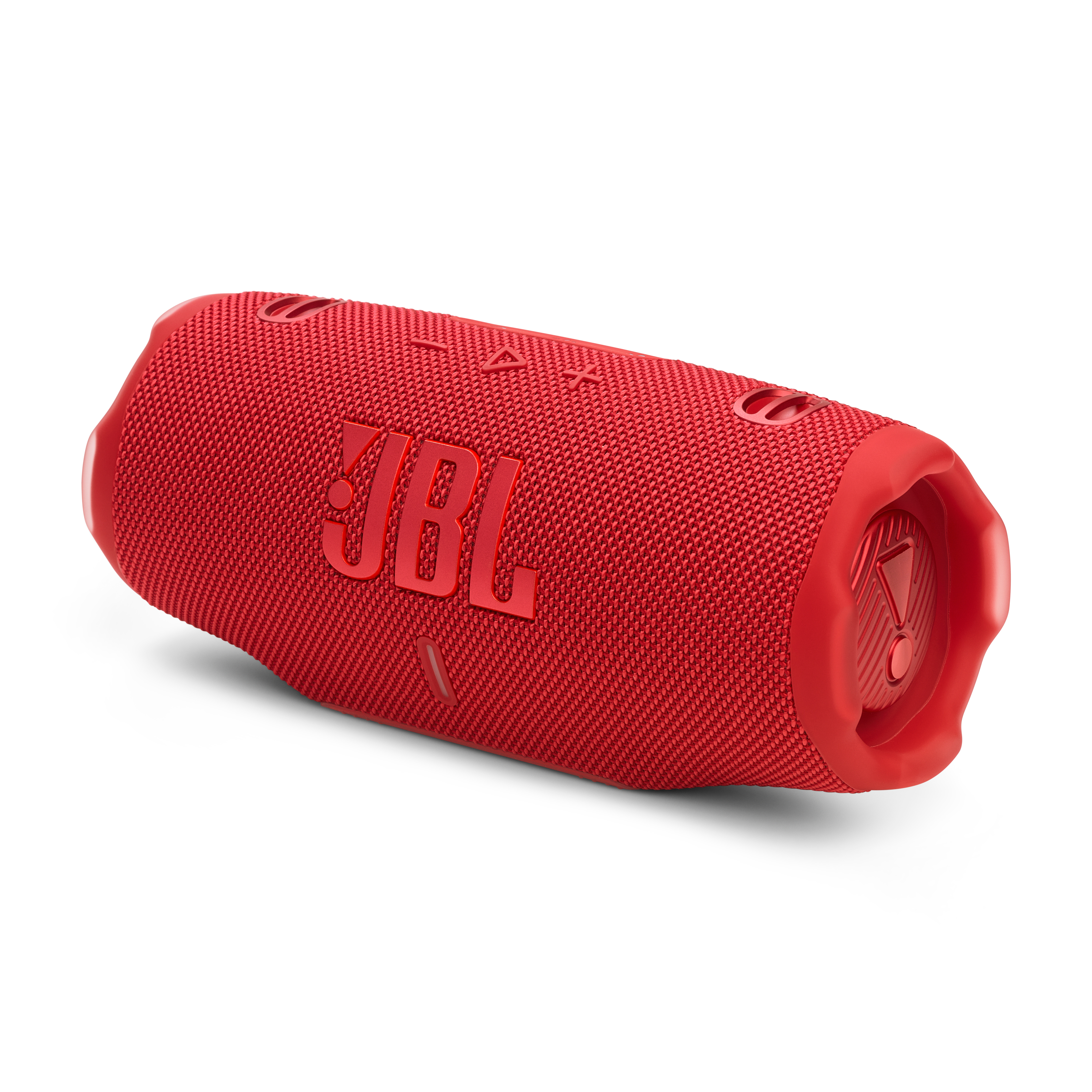 Enceinte JBL rouge sur fond blanc. Cylindrique avec logo JBL au milieu.