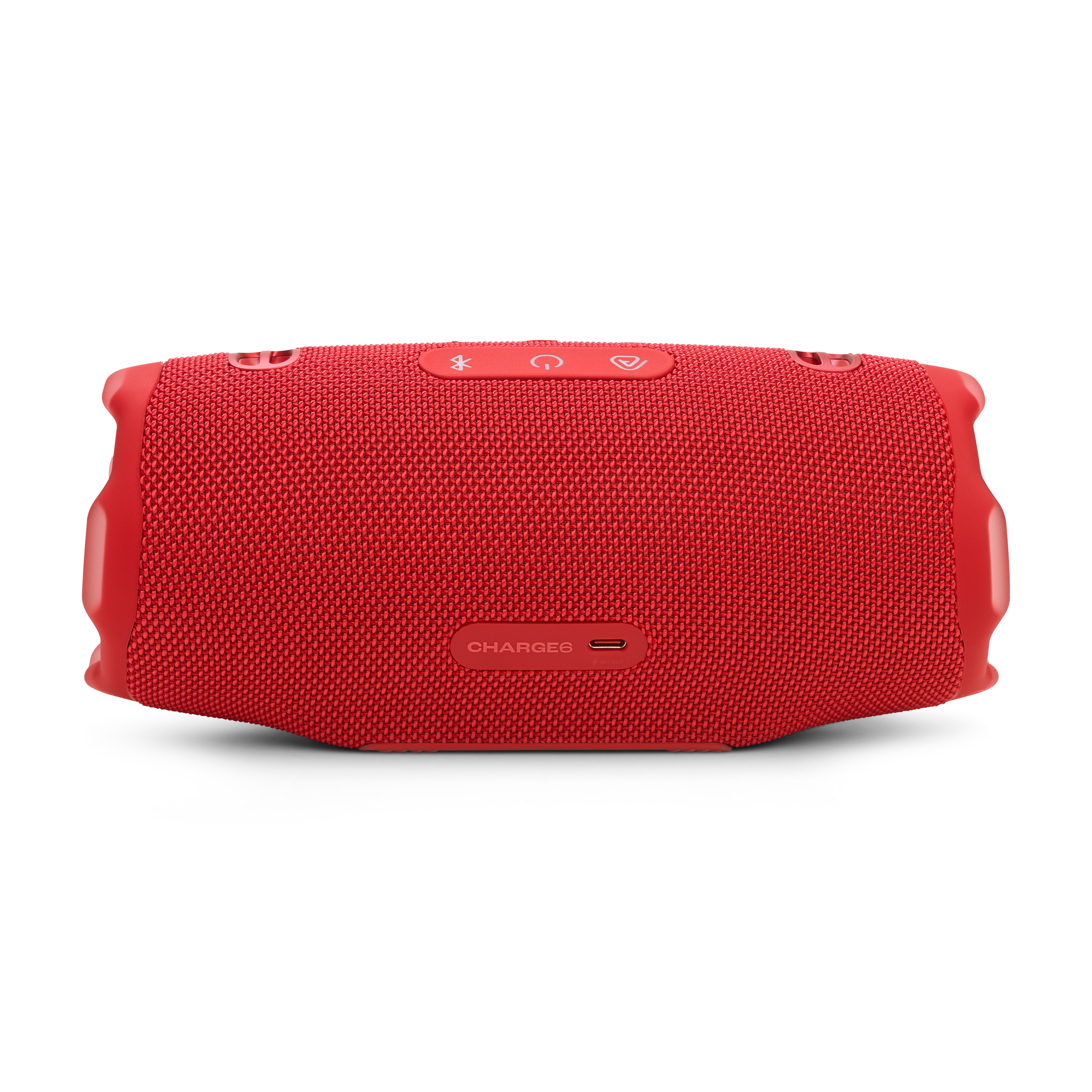 Enceinte JBL rouge, vue arrière, sur fond blanc. Avec boutons et port de charge.