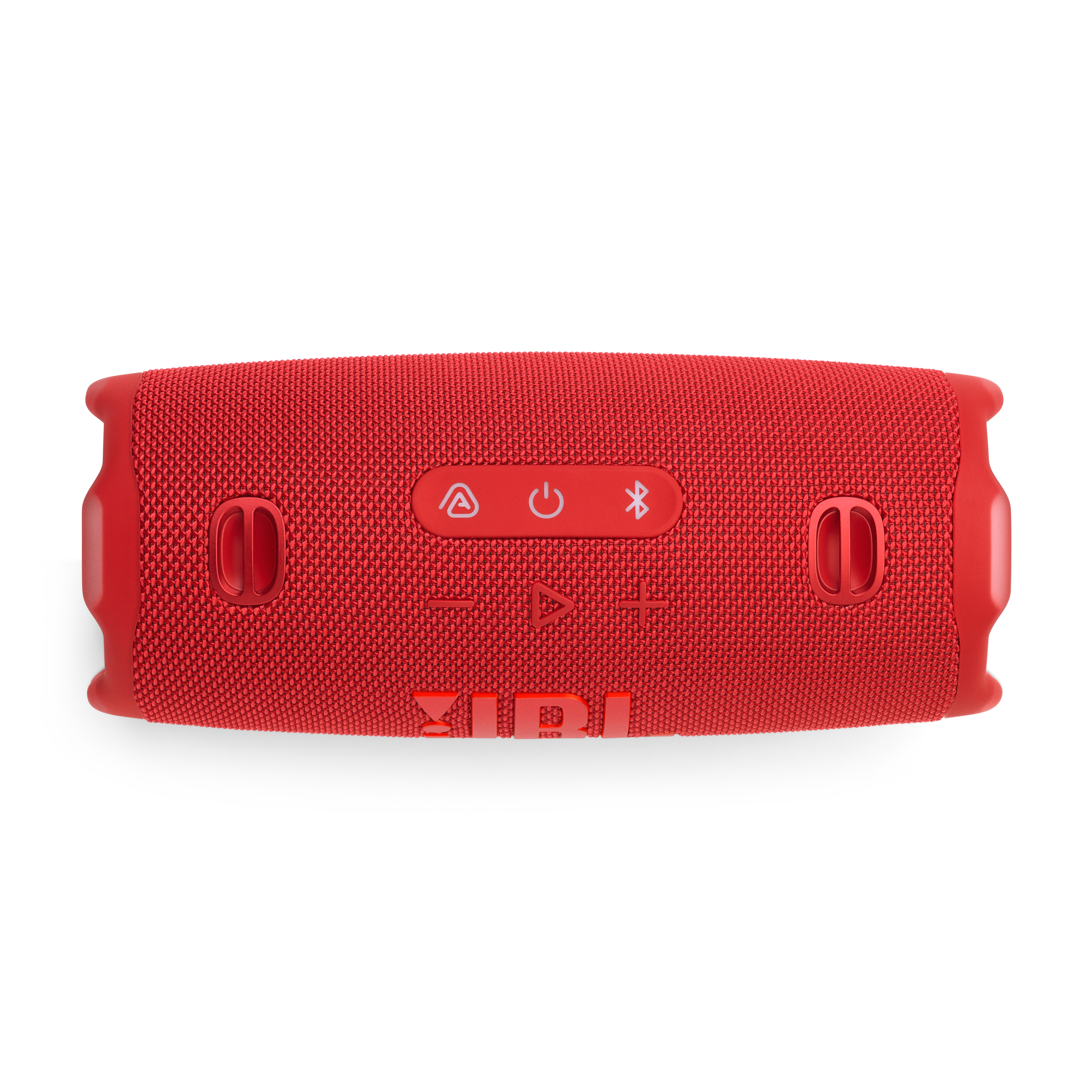 Enceinte JBL rouge, vue de dessus, sur fond blanc. Comprend les boutons d'alimentation et Bluetooth.