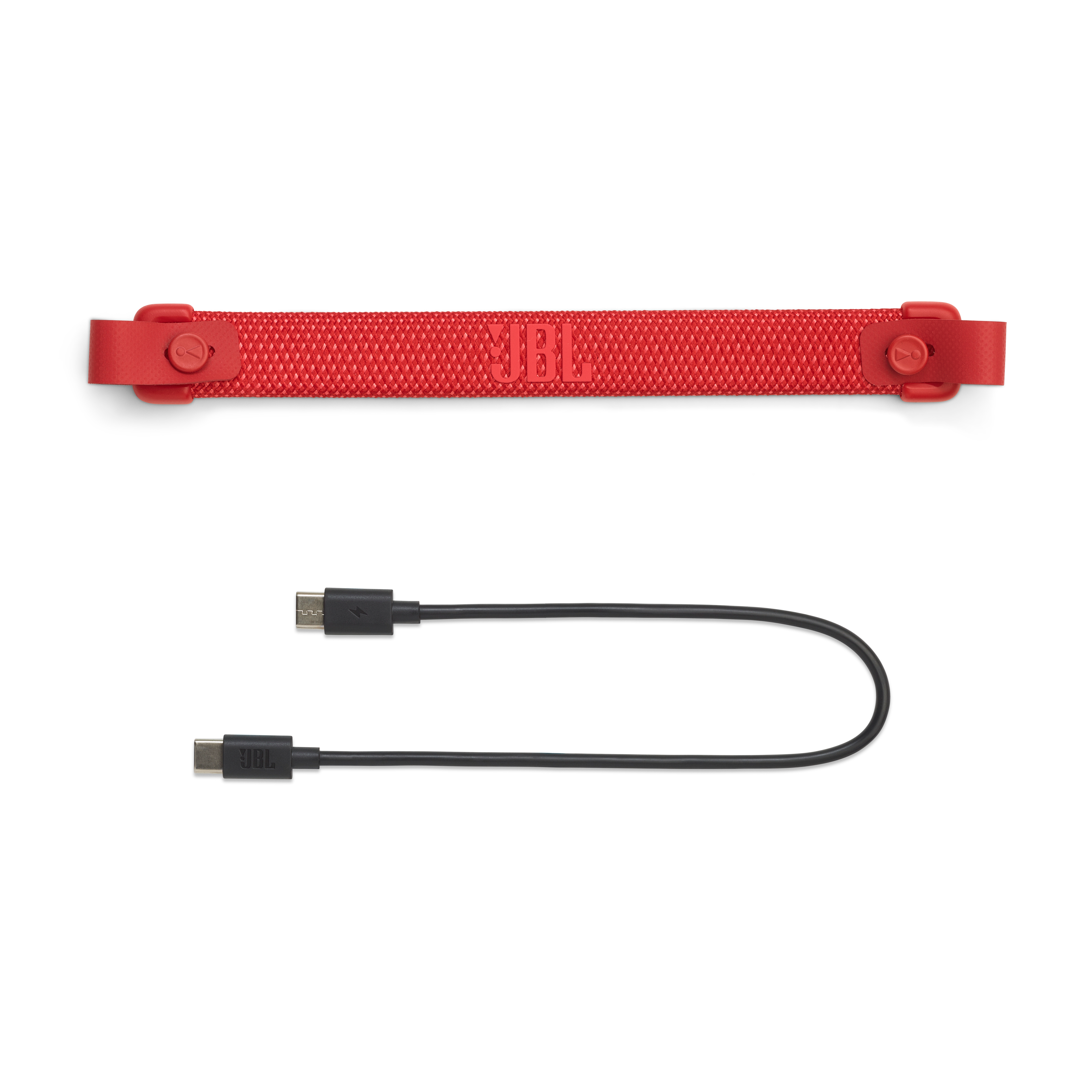 Sangle d'enceinte JBL rouge et un câble USB sur fond blanc.
