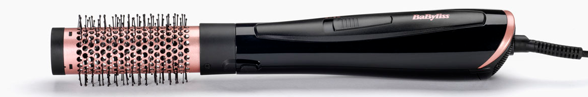 Narzędzie do stylizacji włosów, czarne ze złotymi detalami, białe tło.