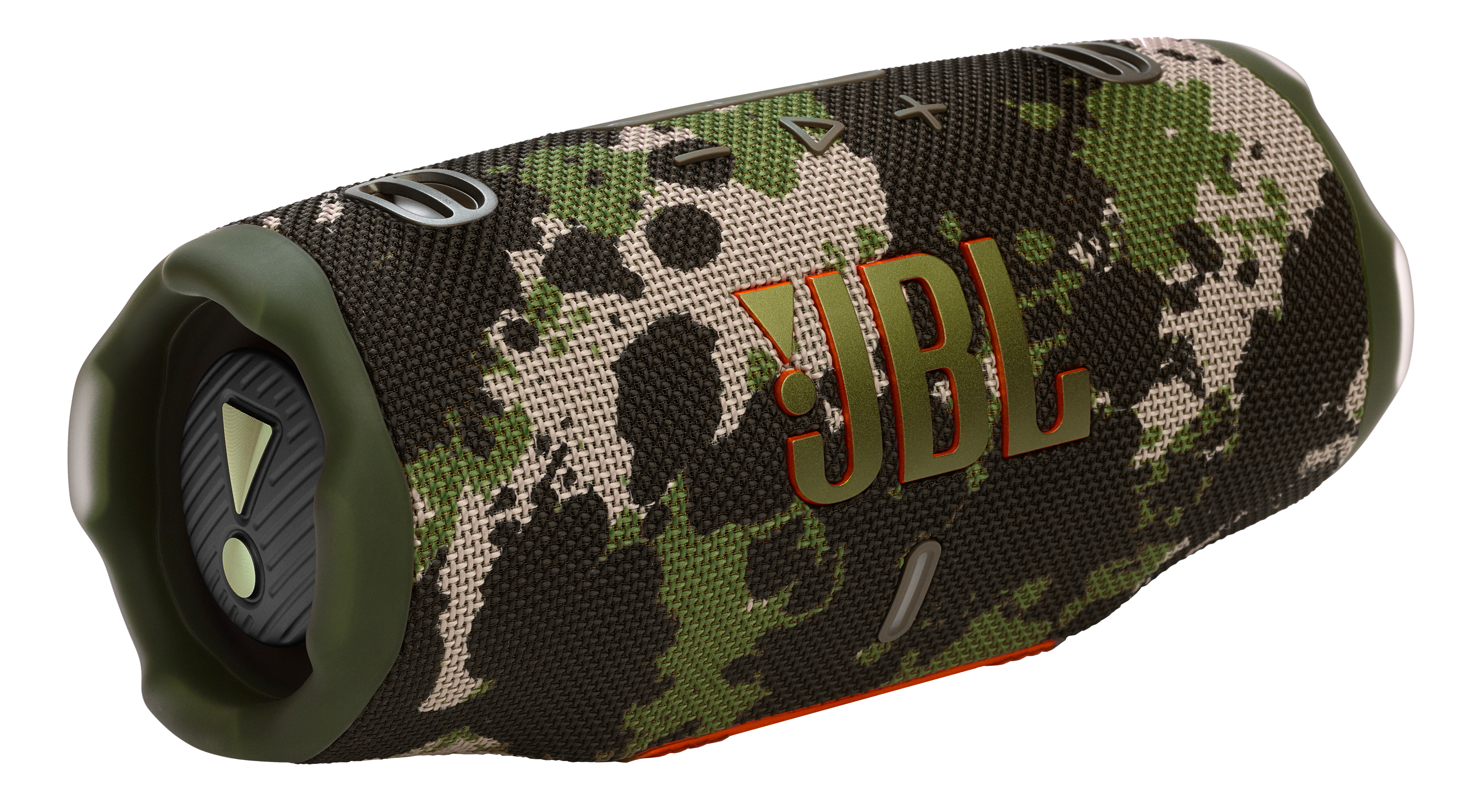 Tarnfarbener JBL-Lautsprecher auf Weiß. Zylindrisch mit JBL-Logo.