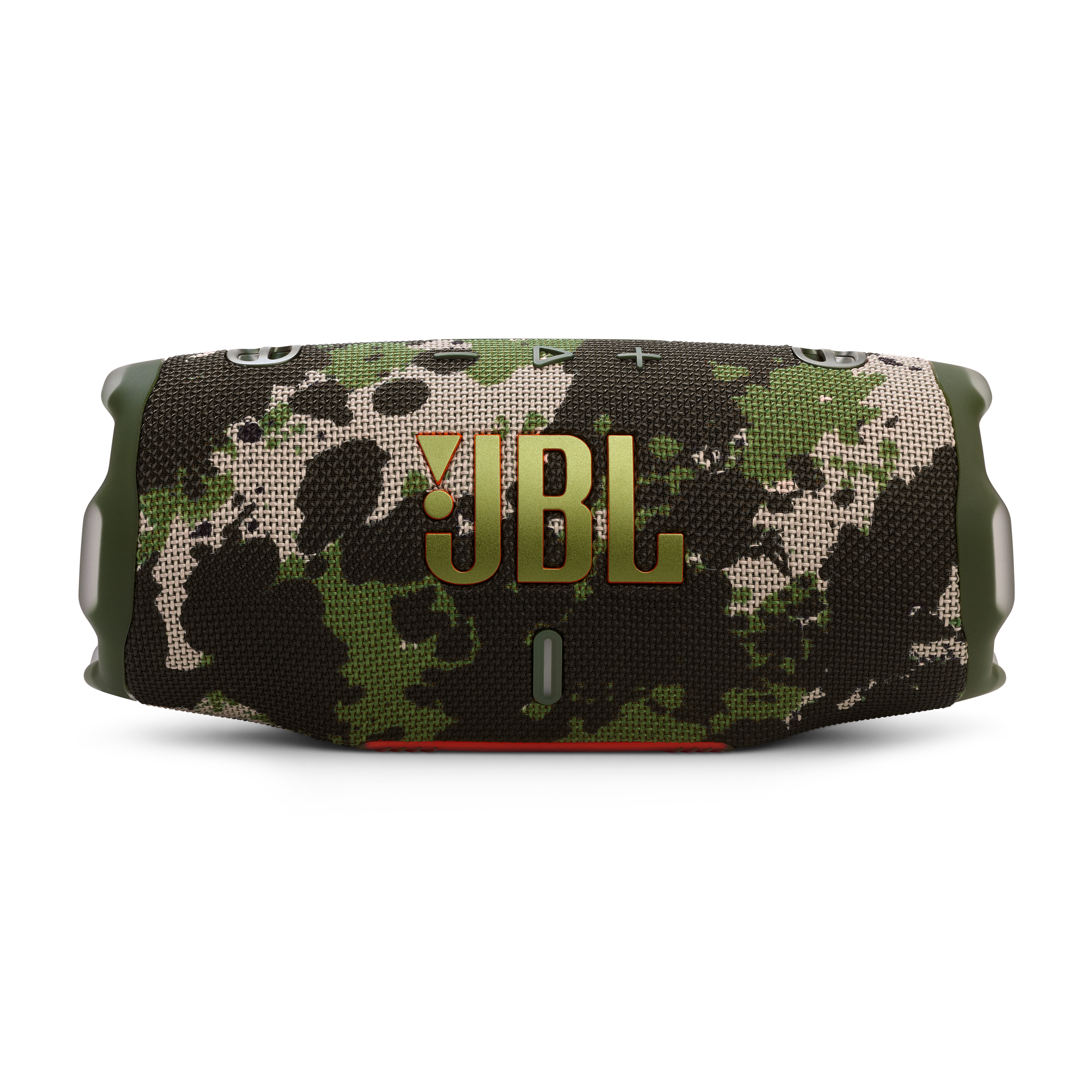 JBL Charge 6 Lautsprecher. Tarnmuster, grüne Akzente, JBL-Logo, weißer Hintergrund.