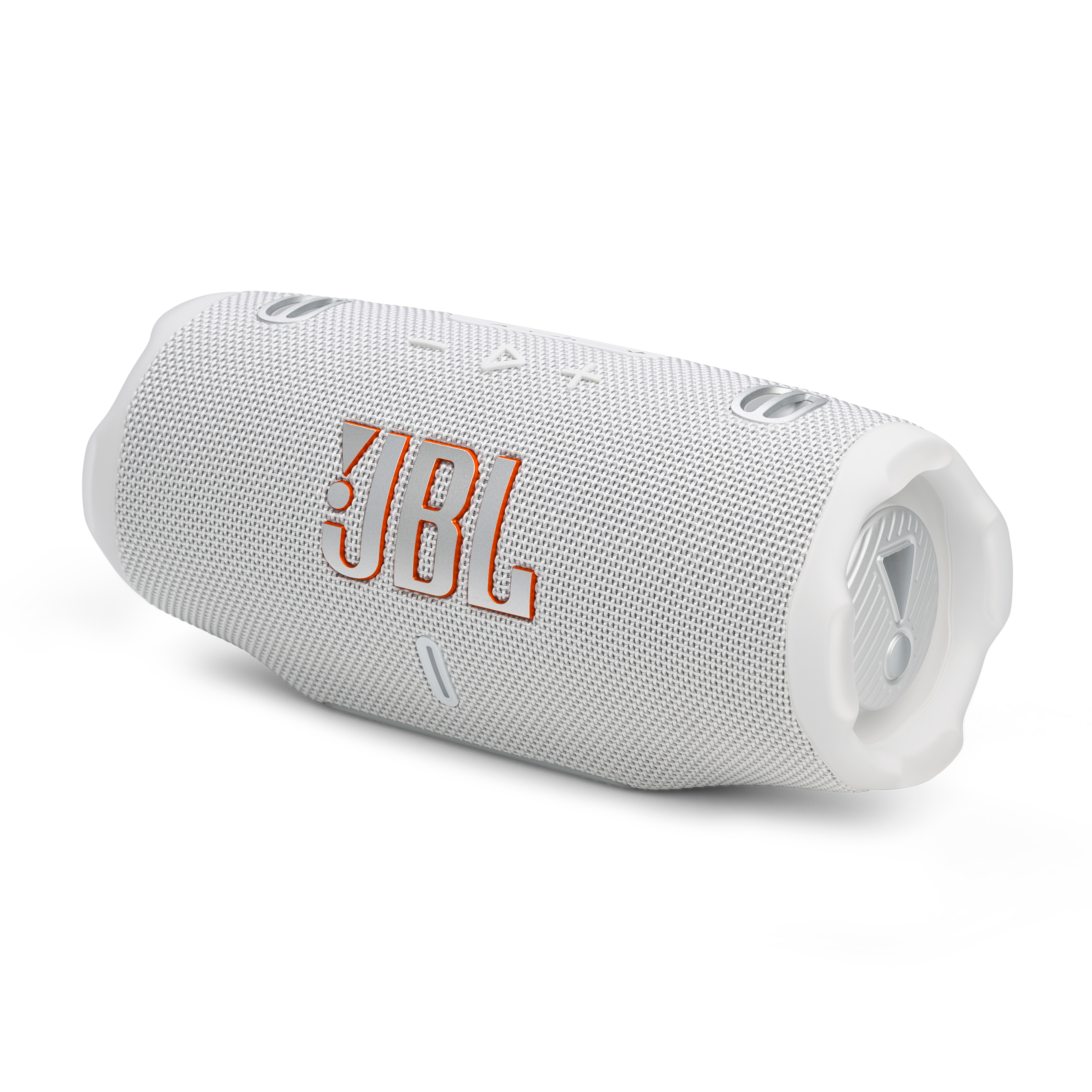 Weißer JBL-Lautsprecher vor weißem Hintergrund. Das Logo ist rot.