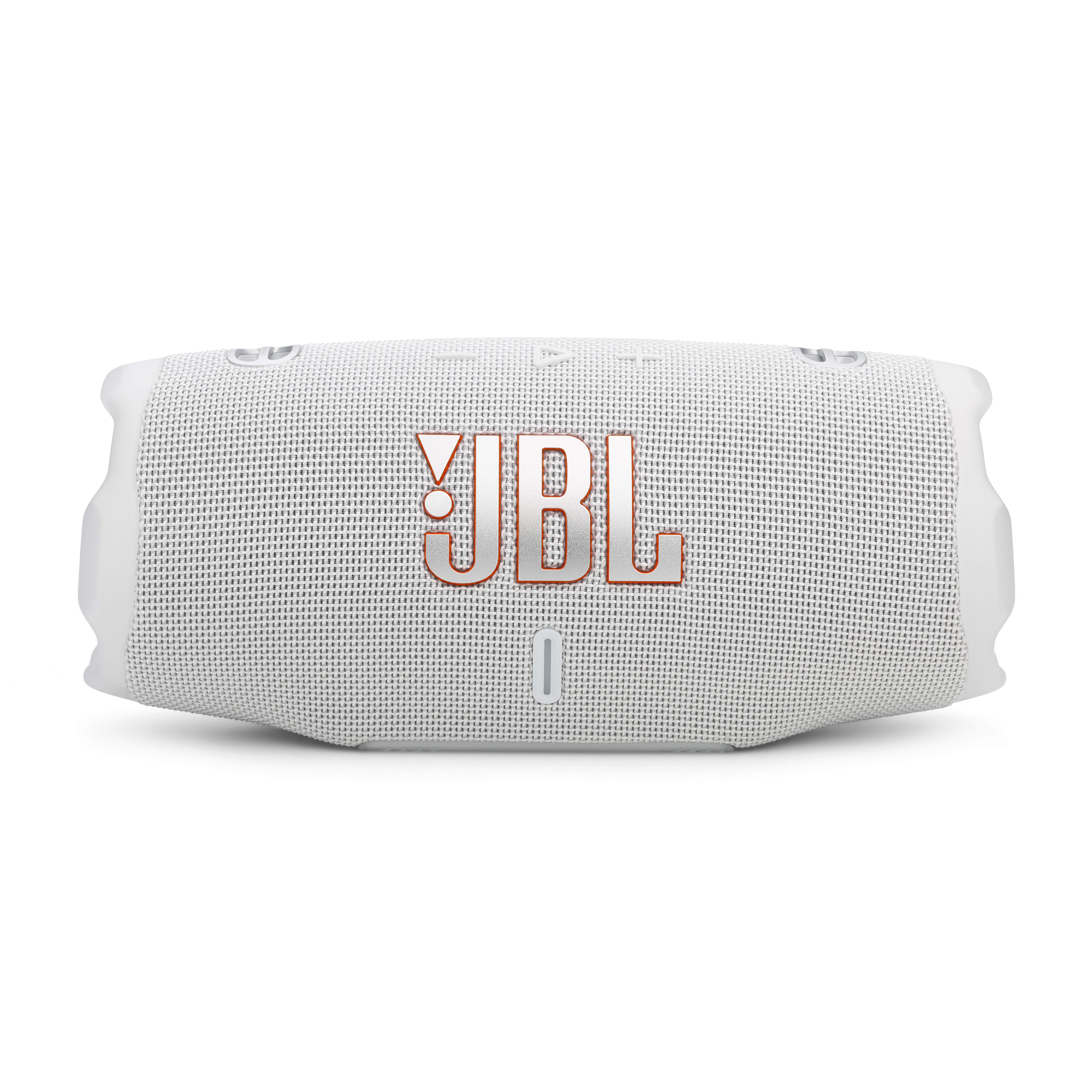 Weißer JBL-Lautsprecher. Das Logo ist rot.