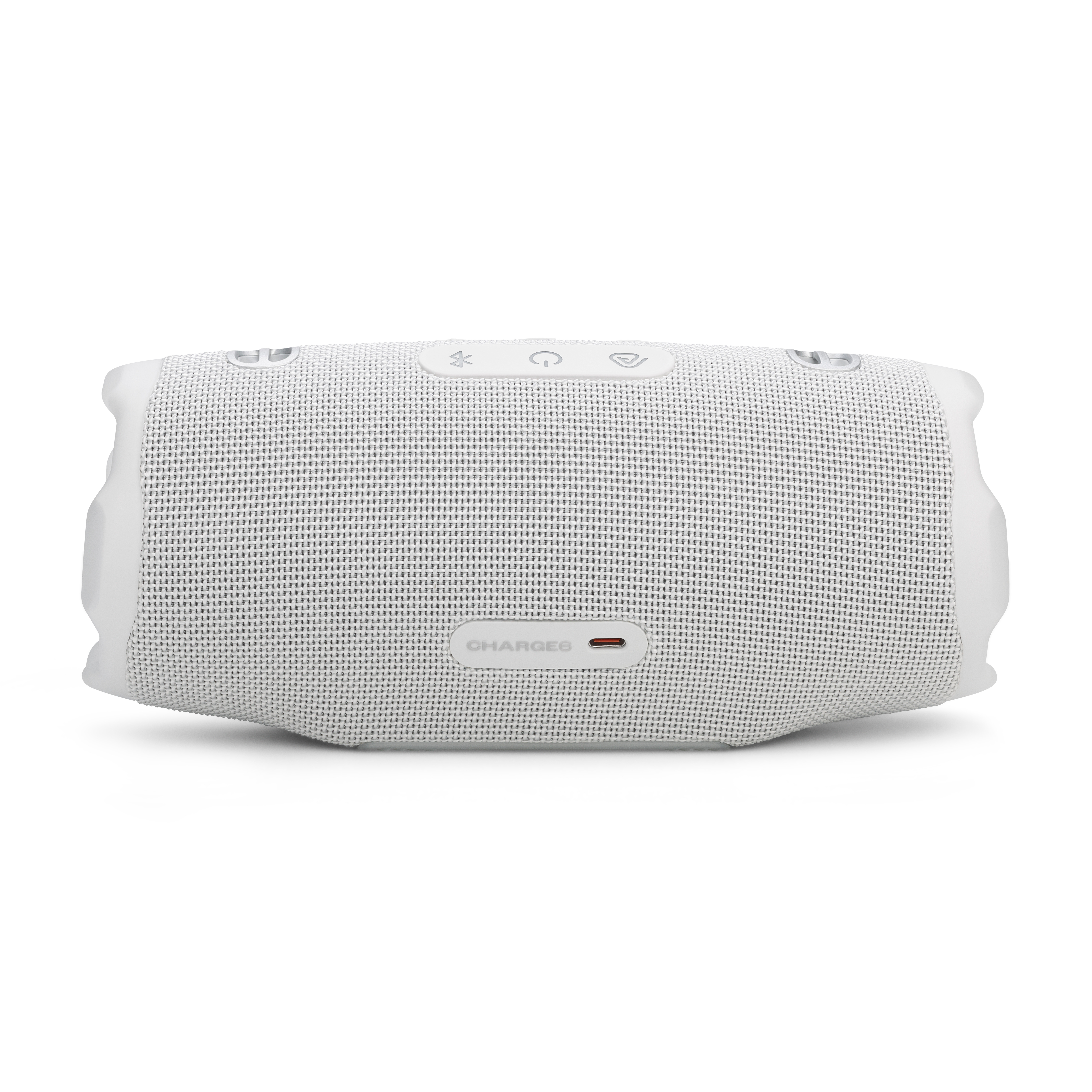 Weißer JBL-Lautsprecher. Die Oberseite des Lautsprechers ist sichtbar.