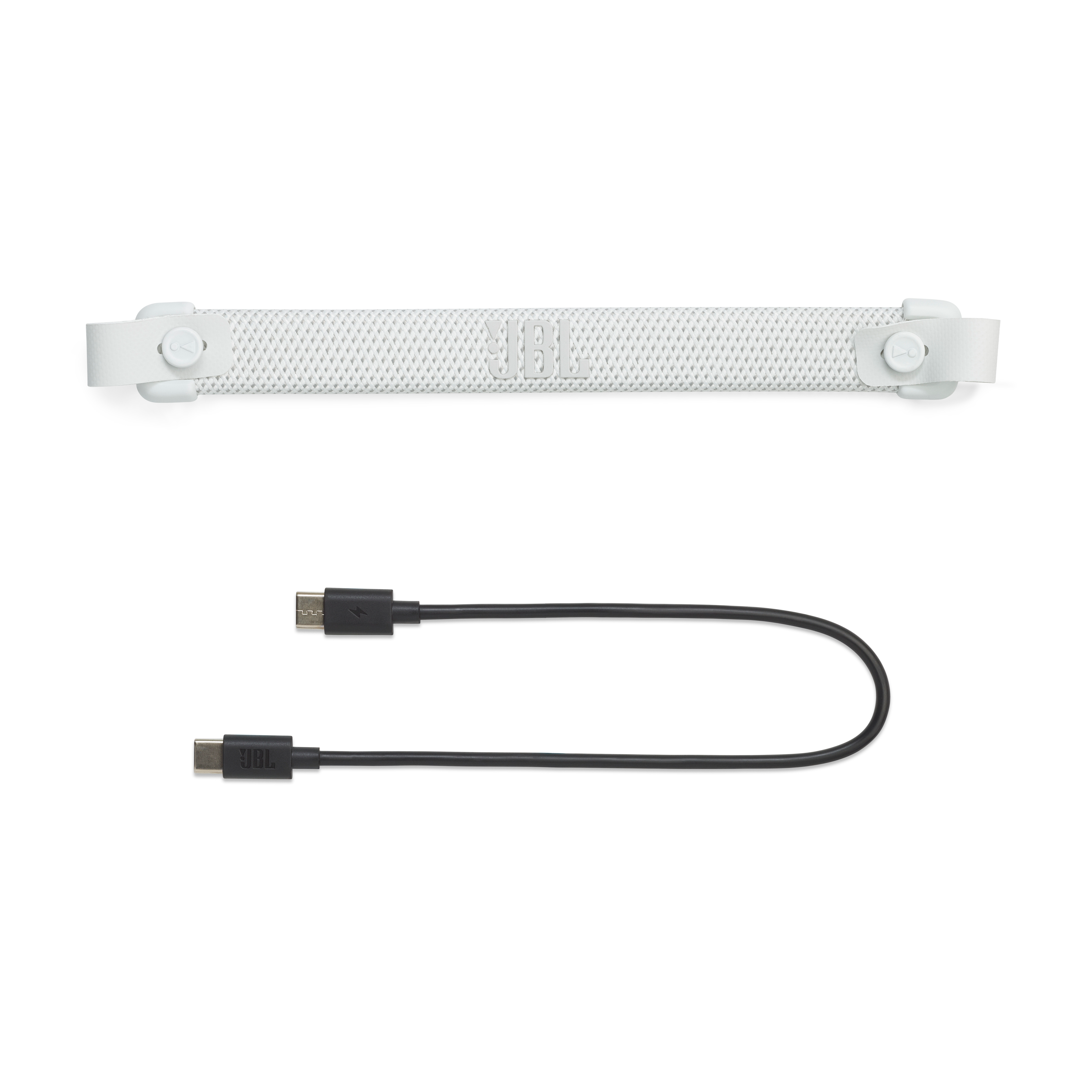 Weißer Riemen und schwarzes Ladekabel, mit JBL-Logo.