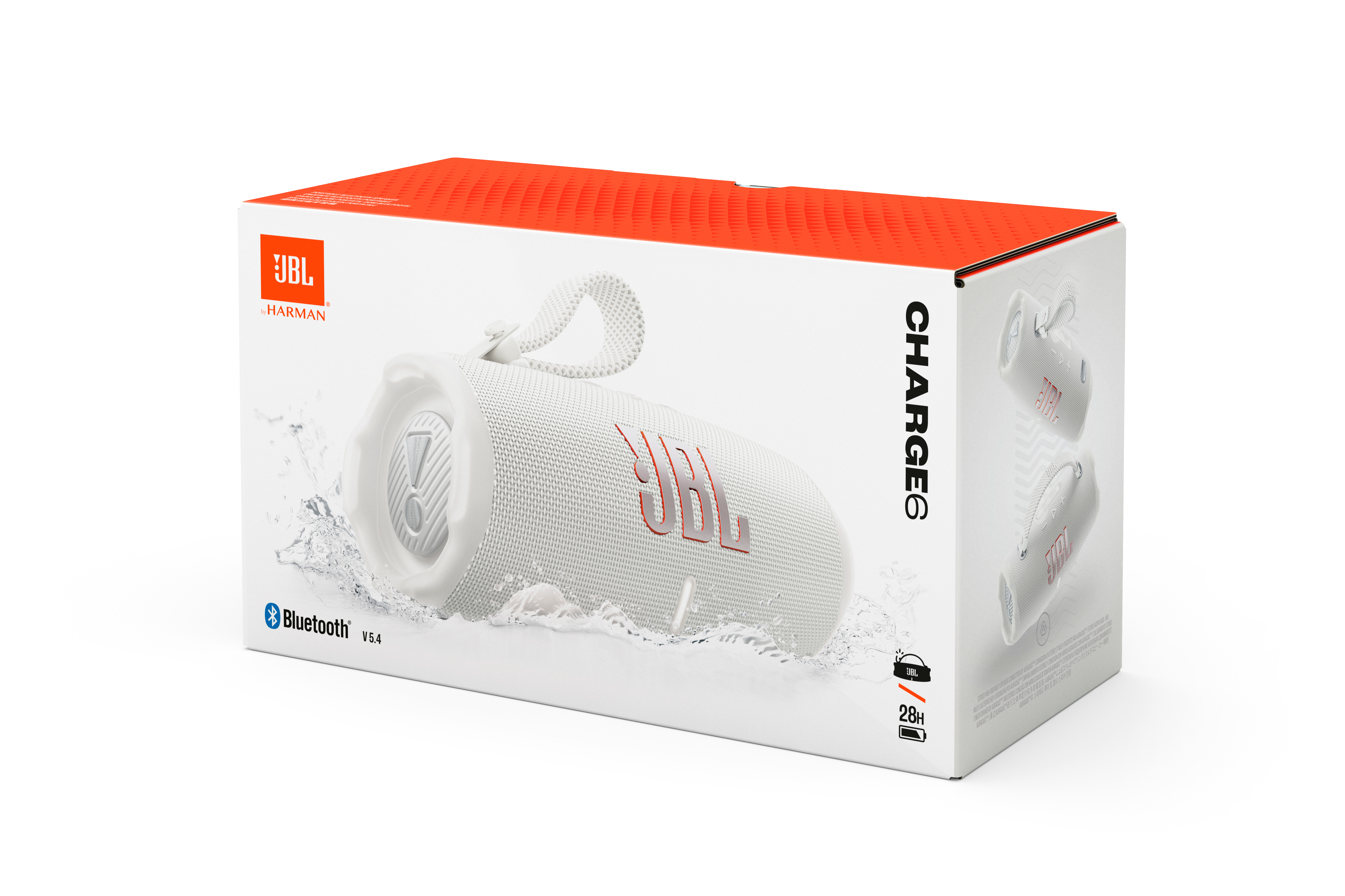 Box mit JBL-Lautsprecher und Logo. Weißer Lautsprecher auf Wasser.