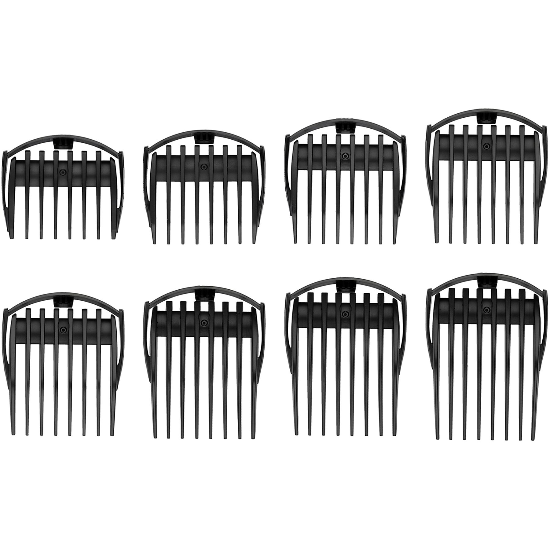Zestaw czarnych nasadek do grzebienia trymera, w zbliżeniu, na białym tle.