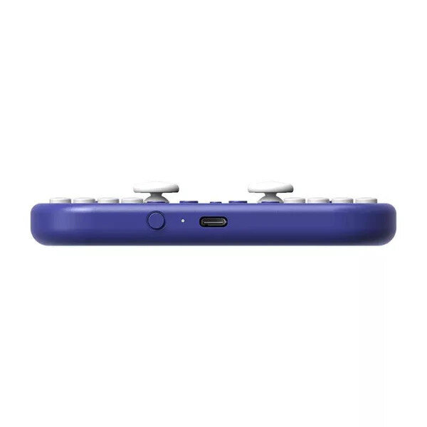 Widok z boku fioletowego kontrolera 8BitDo Lite SE. Port USB-C i przycisk boczny.