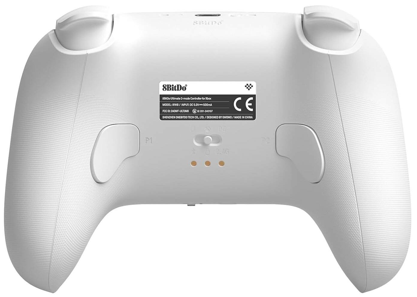 Tył białego kontrolera do gier. Pokazuje przyciski, etykiety i nazwę marki.