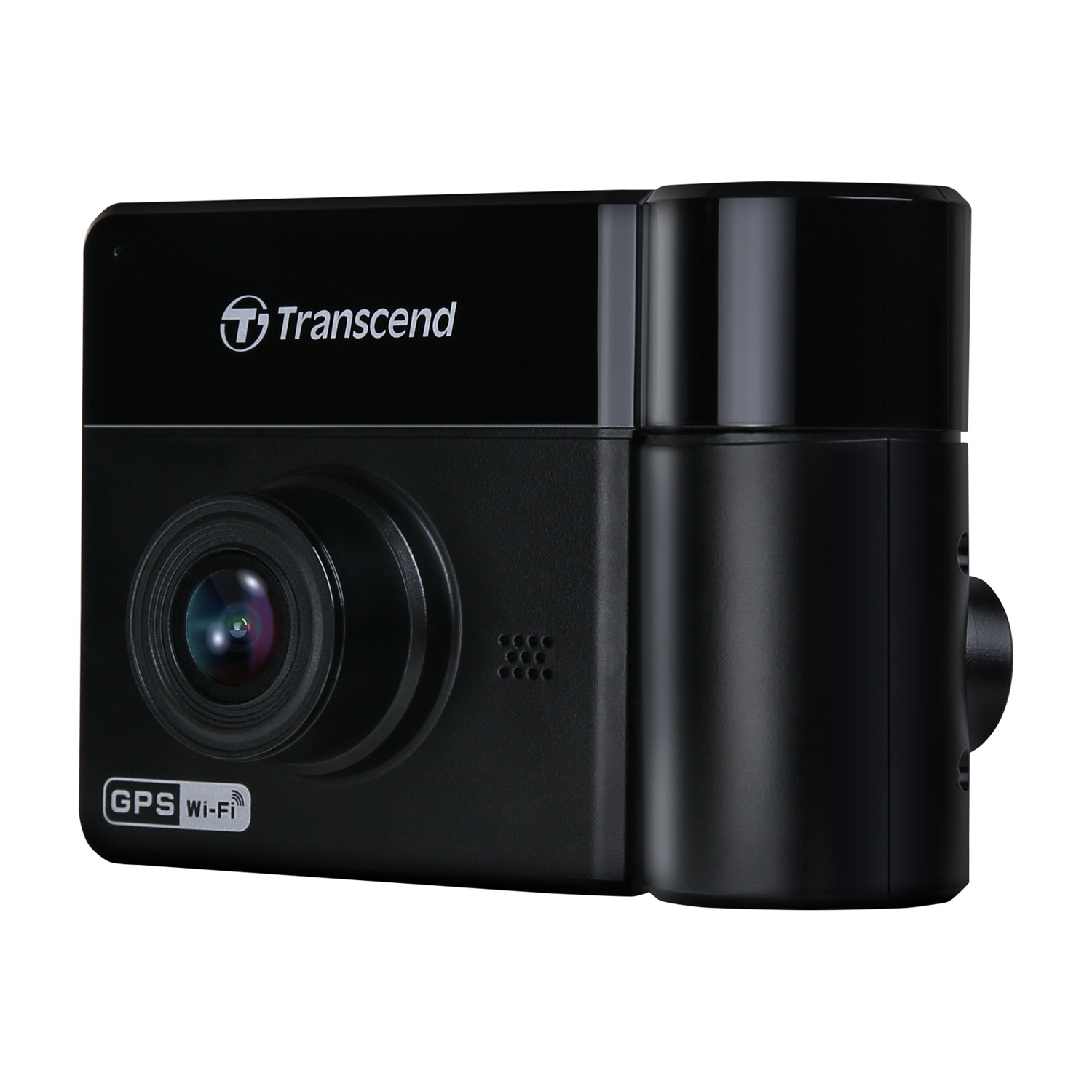 Dashcam nera con obiettivo, logo Transcend ed etichetta GPS Wi-Fi.